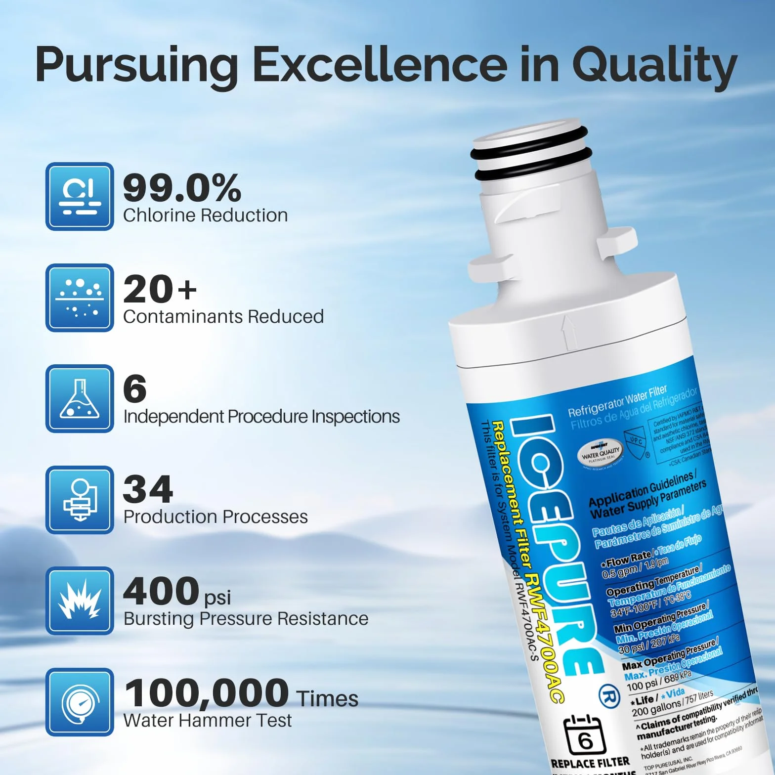 ICEPURE Filtr wody do lodówki LG LT1000P Kenmore 46-9980 ADQ74793501 LT120F biały, 3 sztuki