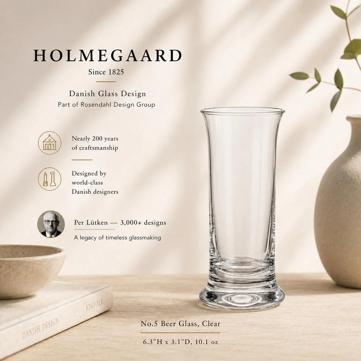 Holmegaard Szklanka do piwa 30 cl nr 5 z dmuchanego szkła oryginalny design, przezroczysta