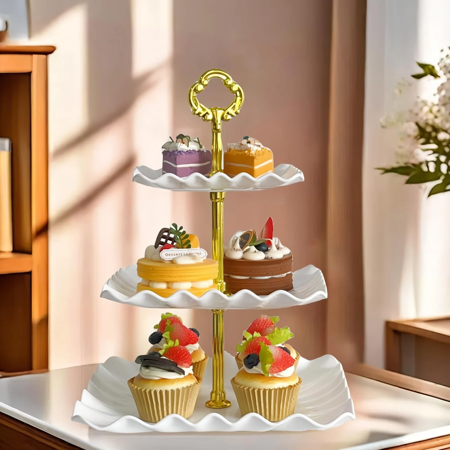 Stojak na ciasto popołudniowa herbata biały plastikowy kwadratowy stojak na ciasto 3-poziomowy stojak na babeczki owocowe deser taca do serwowania stojaków na baby shower, ślub, urodziny, przyjęcie z