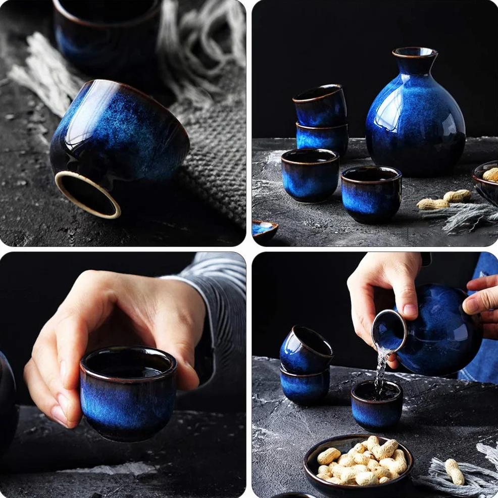 Lurrose Ceramiczny japoński zestaw do sakwy zawiera 1 butelkę Tokkuri i 4 kubki Ochoko na gorącą lub zimną wodę tradycyjny kubek do herbaty