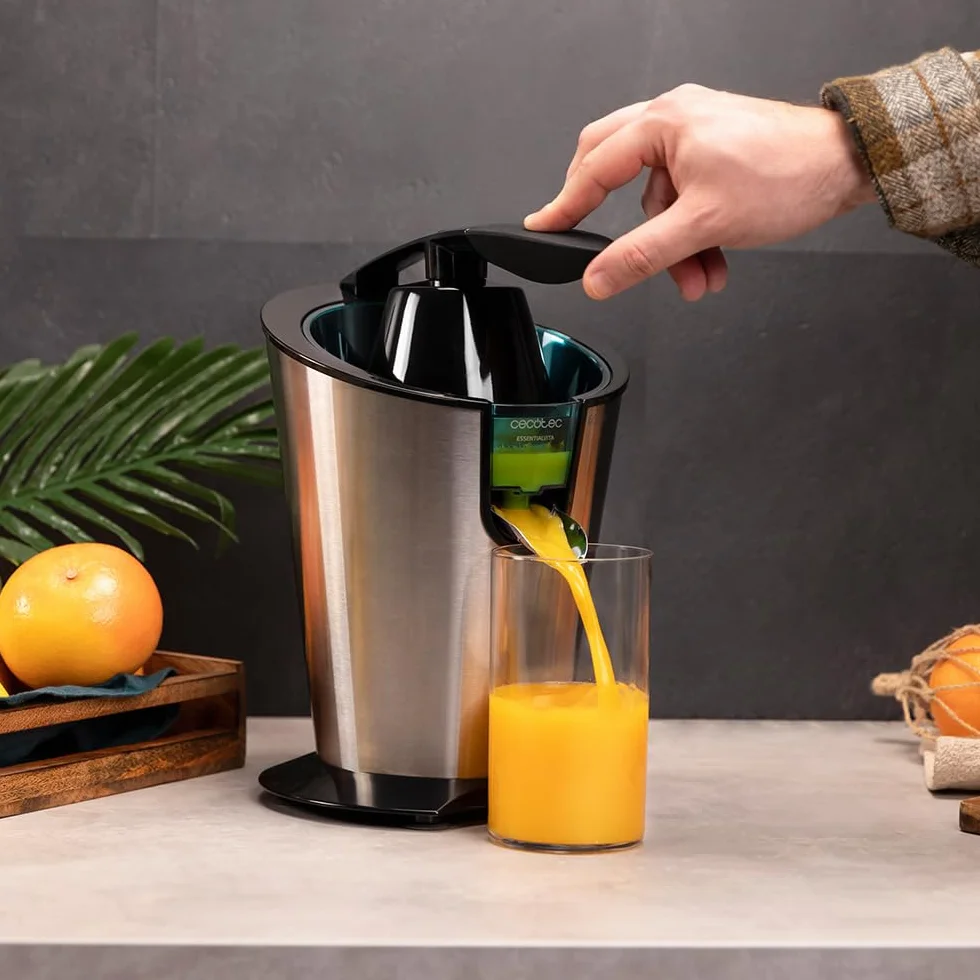 Cecotec Elektryczna wyciskarka do cytrusów do pomarańczy EssentialVita PowerFresh 1000 Inox, 1000 W, filtr nierdzewny, zdejmowany stożek, dźwignia naciskowa, system zatrzymania kapania, łatwa do