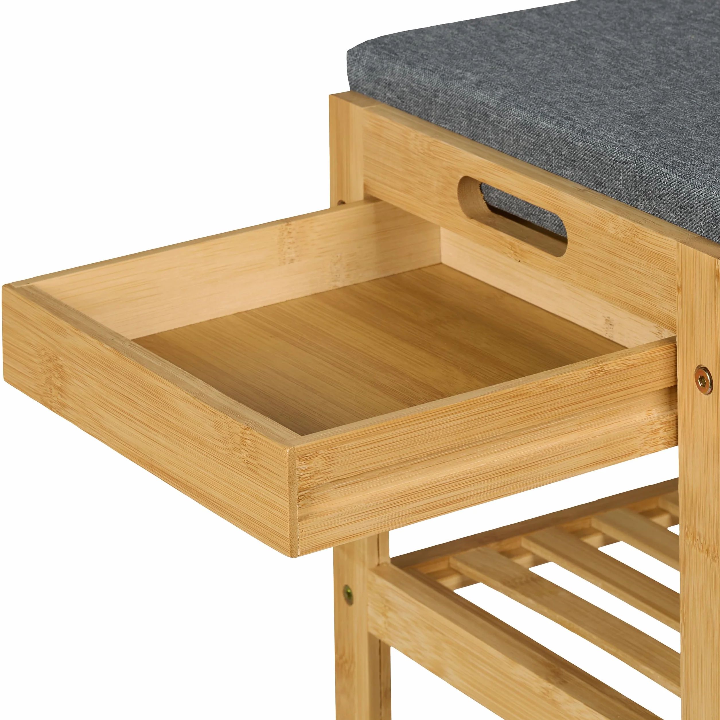Relaxdays Ławka na buty, ławka tapicerowana z półką na buty, 2 poziomy, szuflada, (wys. x szer. x gł.): 49 x 55 x 30 cm, bambus i len, kolor naturalny/szary
