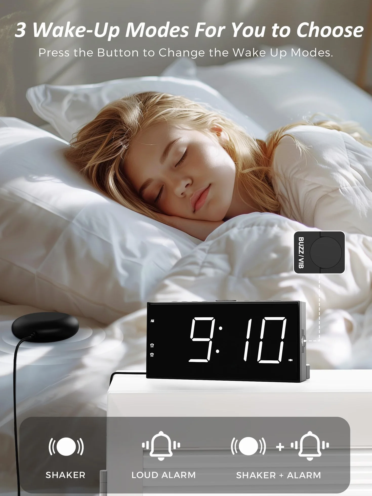 Mesqool Głośny budzik wibracyjny z funkcją spania dla niesłyszących, podwójny alarm, USB, duży wyświetlacz, 12/24h