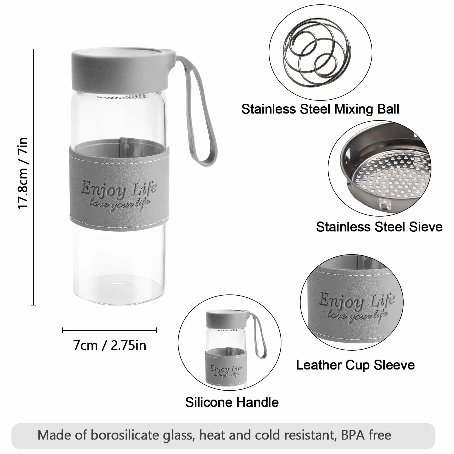 Szklany shaker proteinowy, 480 ml, shaker proteinowy, shaker do białek, z sitkiem i kulką ze stali nierdzewnej, kubek do fitnessu, shaker do białek, suplementów sportowych, B