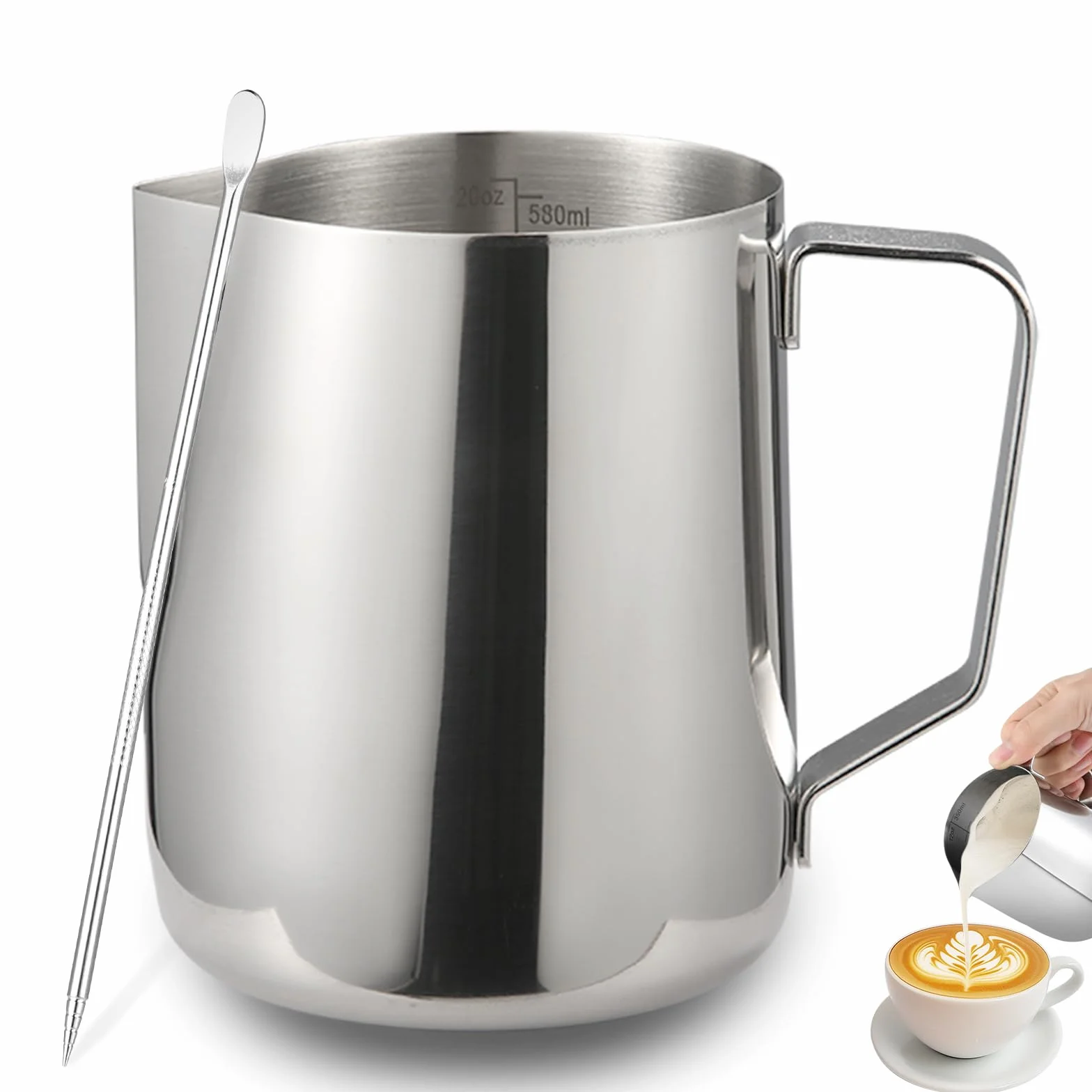 Pianka do mleka 600ml zestaw pióra do latte, dzbanek do spieniania ze stali nierdzewnej