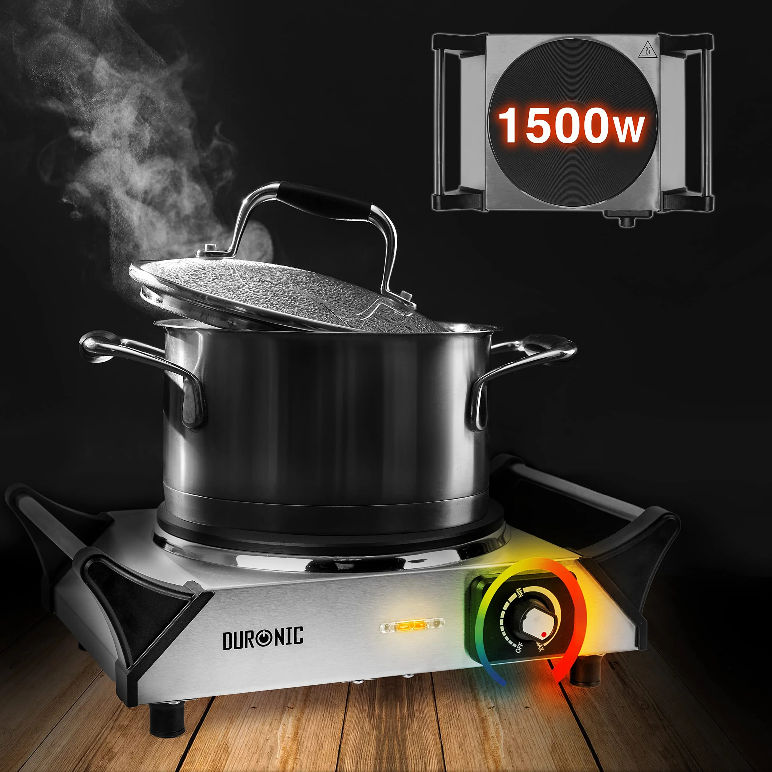 Duronic HP1 SS płyta kuchenna, elektryczna pojedyncza płyta grzewcza, płyta kuchenna ze stali nierdzewnej, bezstopniowa regulacja temperatury, uchwyty do noszenia, 1500 W, kemping