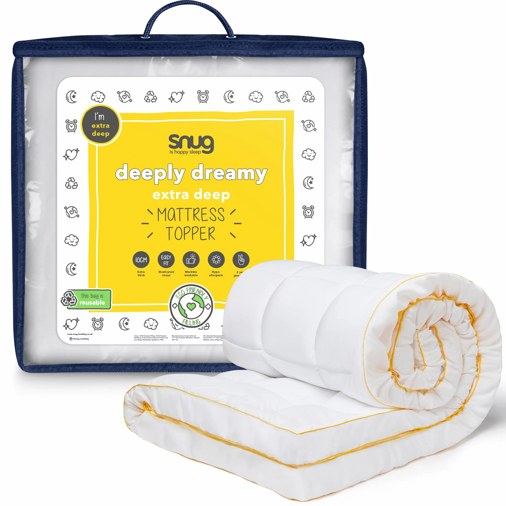 Snug Deeply Dreamy nakładka na materac na łóżko podwójne, 10 cm, 10 cm, bardzo gruby wzmacniacz materaca z elastycznymi paskami, pikowany, wygodny, super miękki, hipoalergiczny, można prać w pralce,