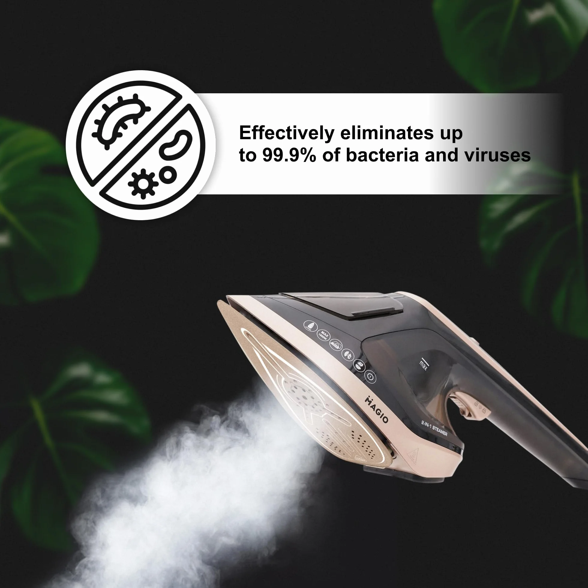 Magio Parownica i Żelazko Parowe 2w1 – 1800W, 30g/min Pary, 180°C Antybakteryjnie, Pionowe i Poziome Użycie, Ceramiczna Stopa, LED, Auto-Off, 200 ml