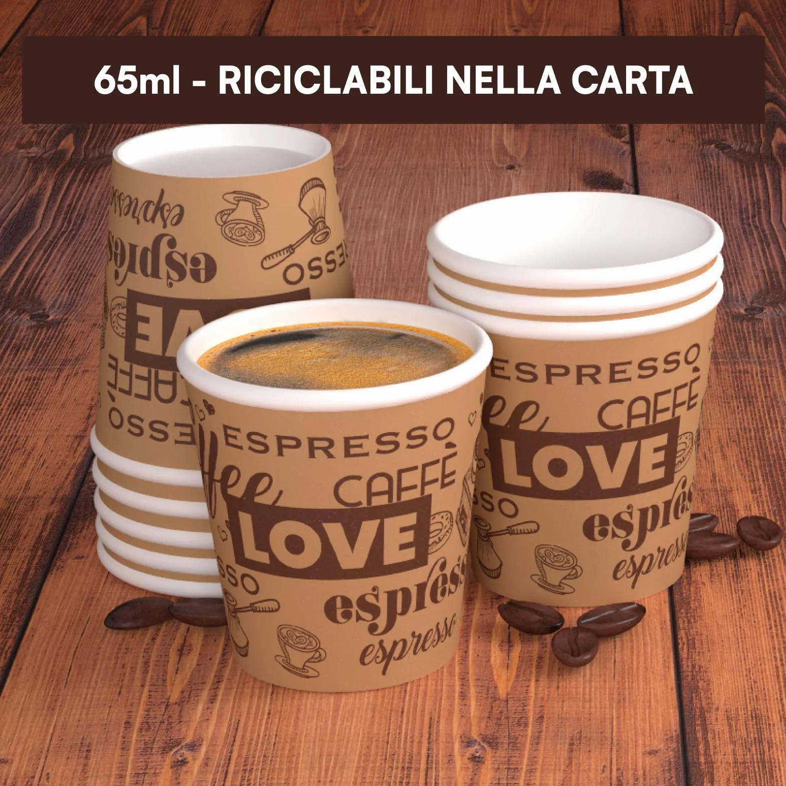 Eurocali 200 papierowych kubków do espresso, 65 ml, biodegradowalne, jednorazowe kubki do kawy, ekologiczne wzornictwo, LoveBrownCUP, mały rozmiar do włoskiego espresso do gorących napojów