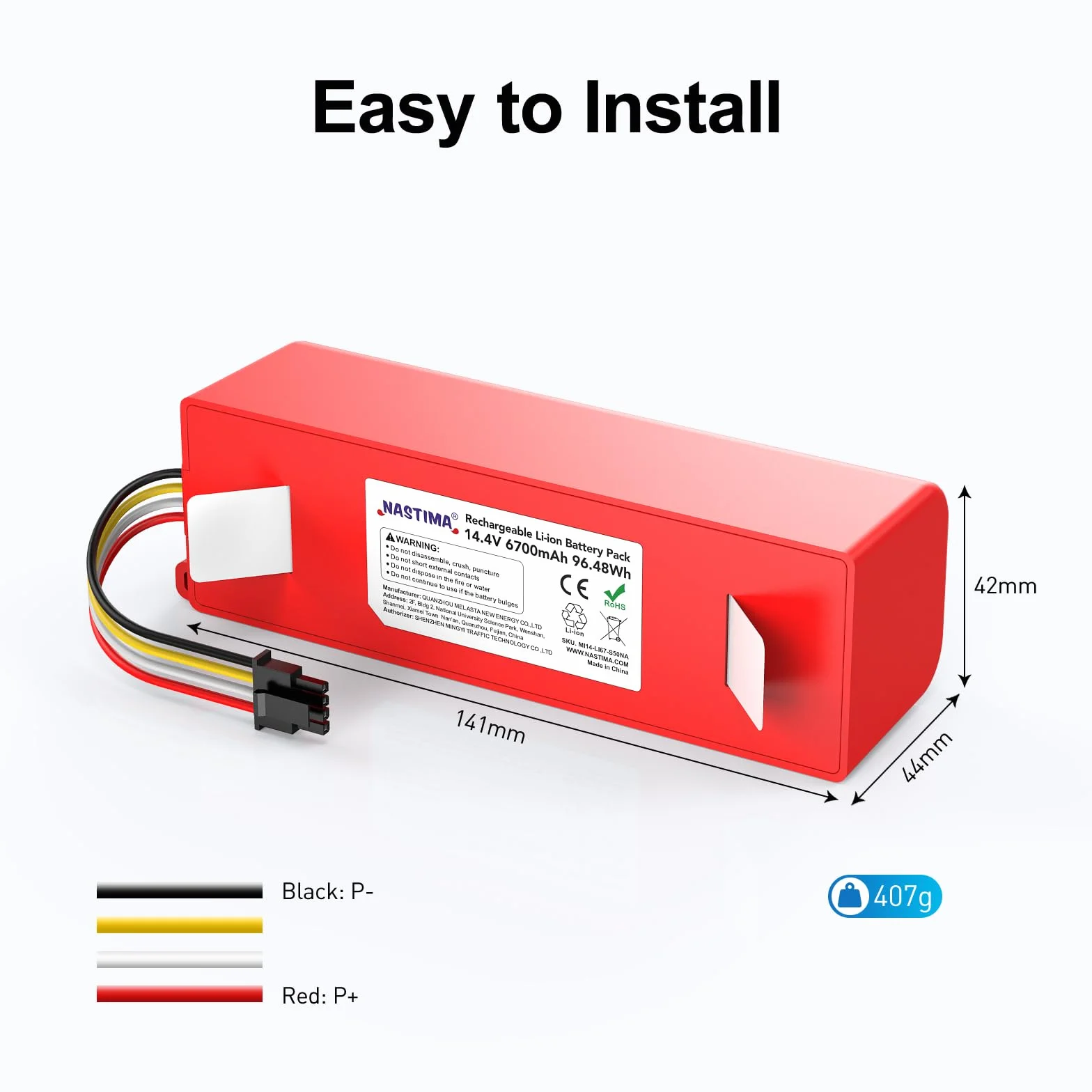 Akumulator Li-Ion 14,4V 6700mAh 96,48Wh Kompatybilny z Xiaomi Roborock S50 S51 S52 S53 S55 S502 S5 Max S6 T6 61 65 Xiaowa E20 Mijia 1. i 2. generacji Zastępczy z BMS