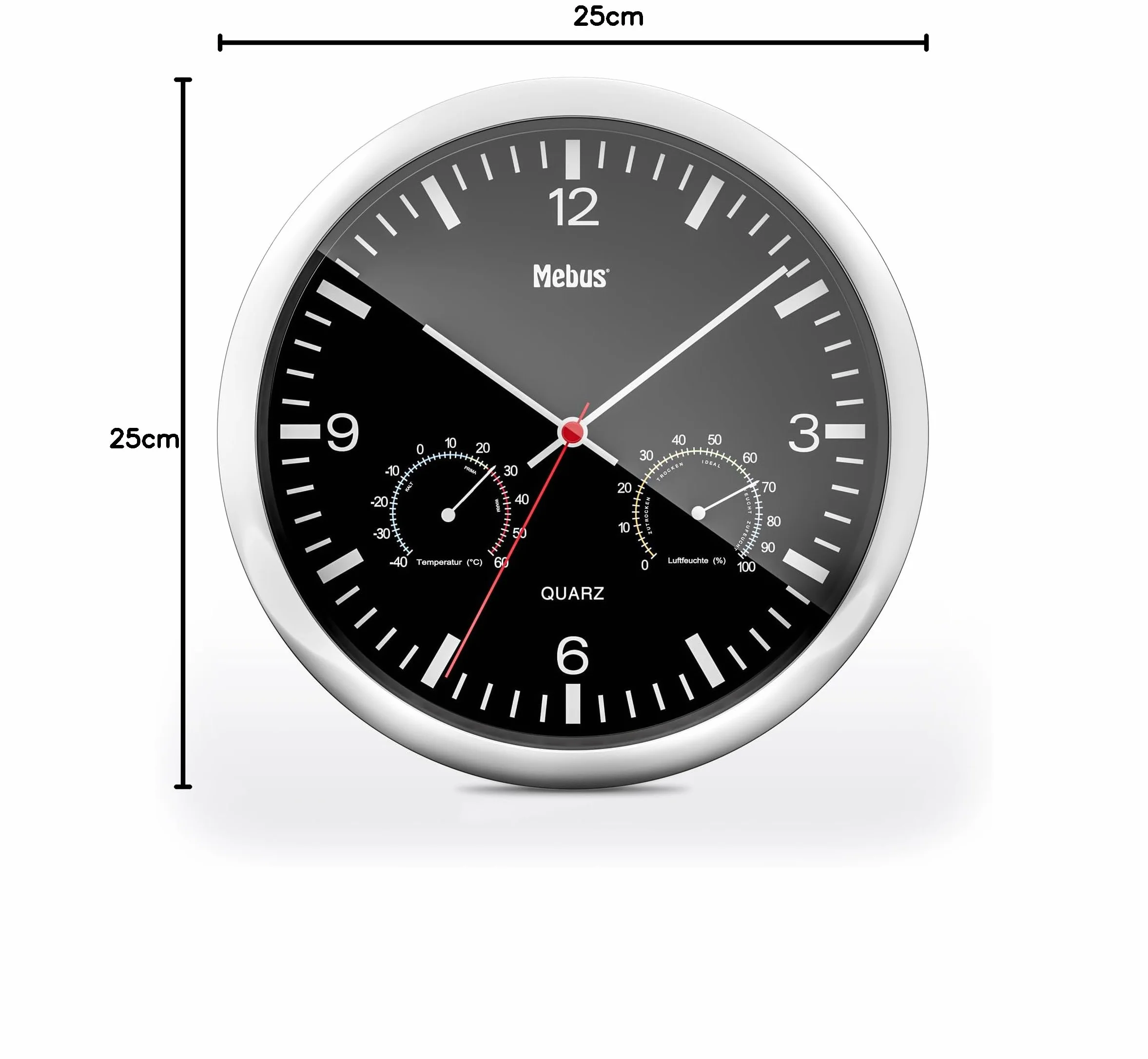 MEBUS Quarz-Wanduhr mit Thermometer und Hygrometer/silberner Rahmen/schwarzes Zifferblatt / 25cm Durchmesser/Rund/Modell: 56731 / Farbe: Silber, Schwarz
