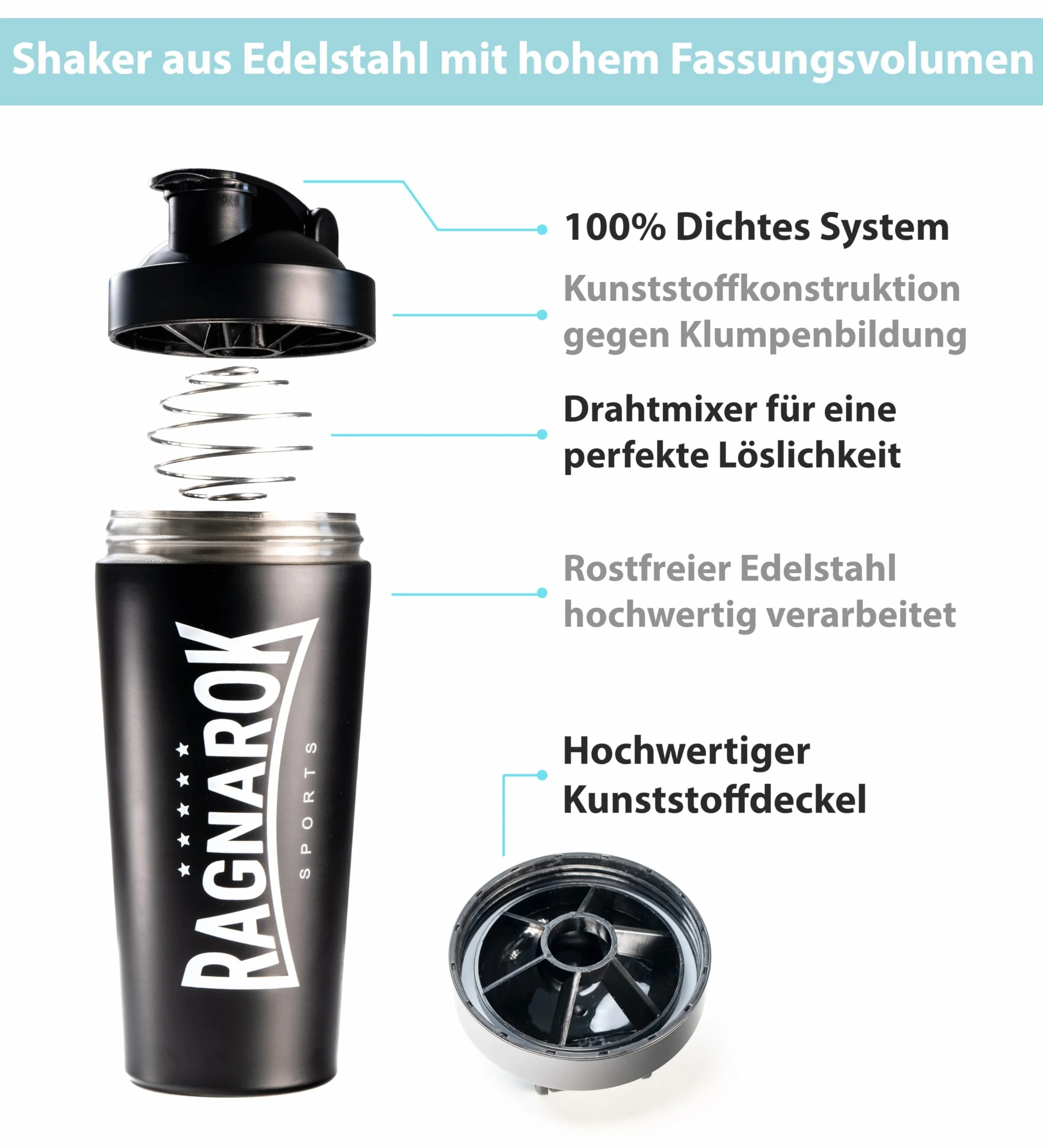 RAGNAROK Stal szlachetna Shaker Protein 750 ml metalowy butelka na napoje z kulką Sport Fitness