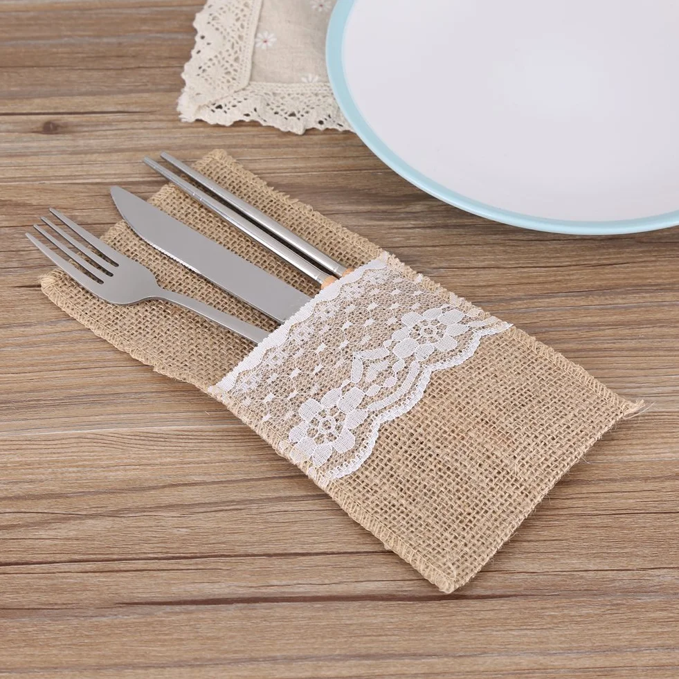 Uchwyty na Sztućce z Juty z Koronką, 10 Sztuk, 21x11 cm, Naturalne, Dekoracje Weselne i na Przyjęcia