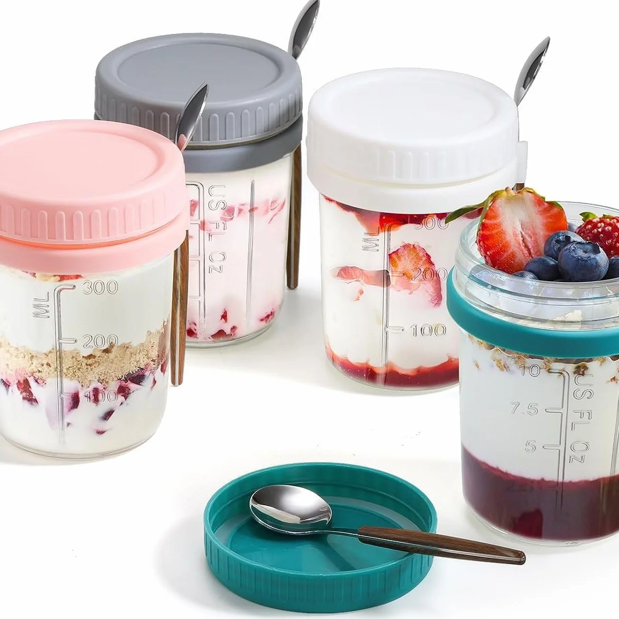 PIQIUQIU 2 pojemniki na owies, szklanki Overnight Oats, z pokrywką i łyżeczką, 400 ml kubek na musli na wynos, kubek na jogurt na wynos