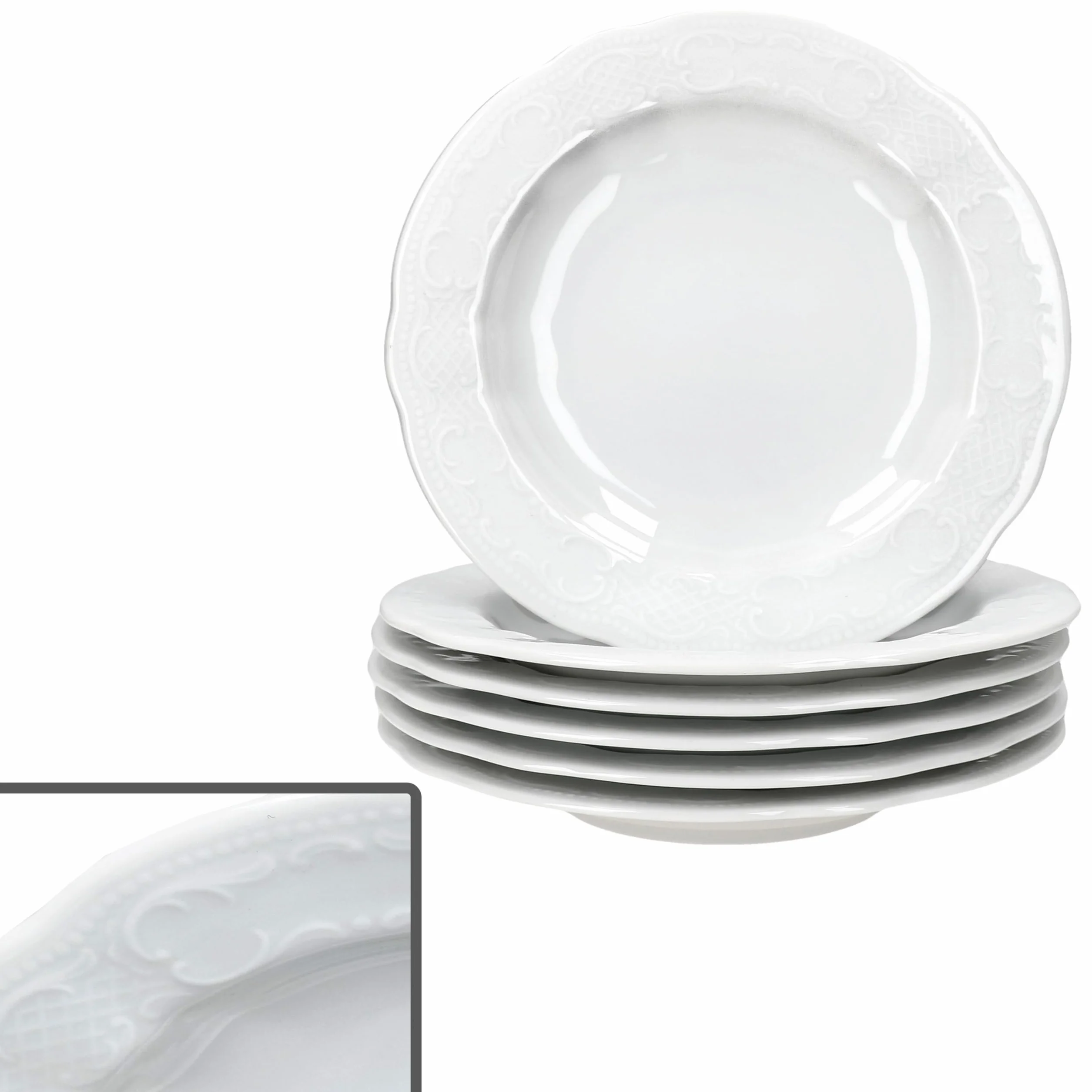 Seltmann Weiden Salzburg 6-częściowy zestaw talerzy do sałatek, 100 ml, białe, głębokie talerze porcelanowe z reliefem dla 6 osób, talerze do zupy, makaronu itp.