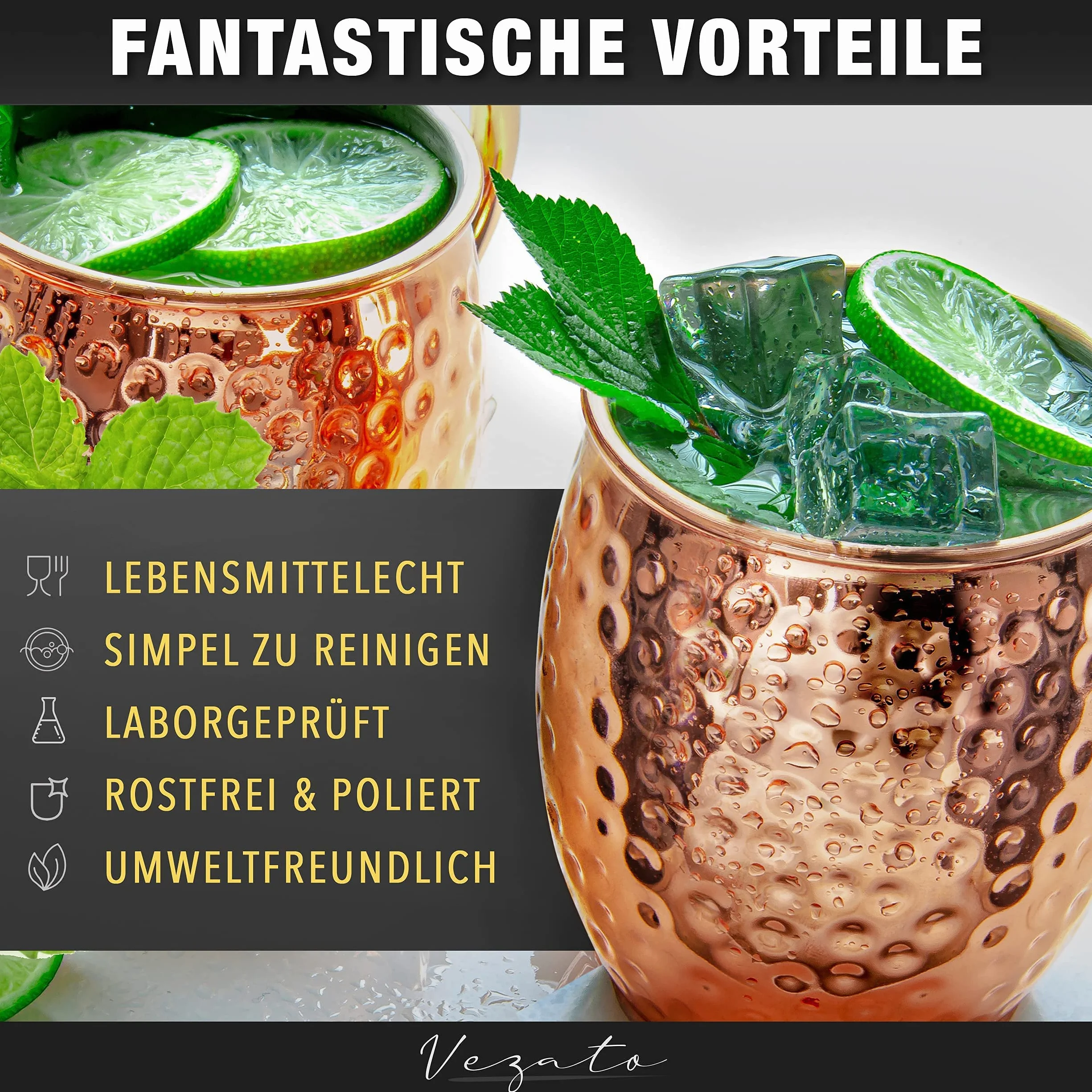 Vezato Kubek do Moscow Mule, 500 ml, młotkowany kubek miedziany, ze słomkami, ręcznie wykonany, zestaw 4 sztuki, nierdzewny