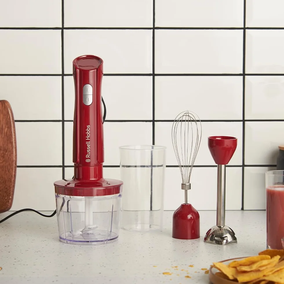 Russell Hobbs Blender ręczny [3w1: blender, trzepaczka i ostrza do siekania] Desire Red (pojemnik 600ml, akcesoria można myć w zmywarce, ostrza ze stali nierdzewnej, do koktajli, zup, sosów) 27142-56