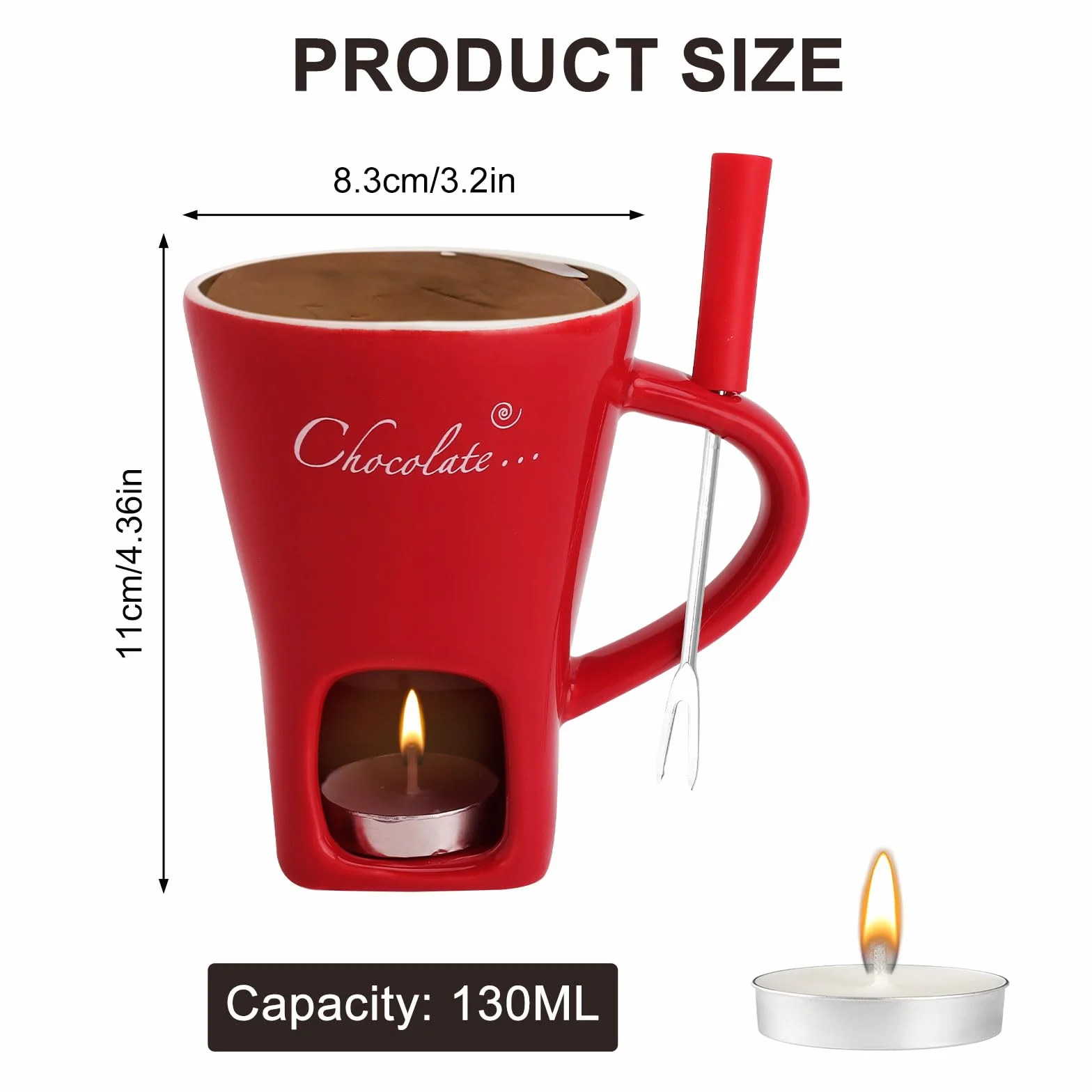 Kubek do fondue czekoladowego, ceramiczny, 130 ml, czekoladowy kubek do fondue z uchwytem na podgrzewacze i widelcami, czekoladowe fondue, zestaw do fondue, czekolady, fondue, zestaw do topienia