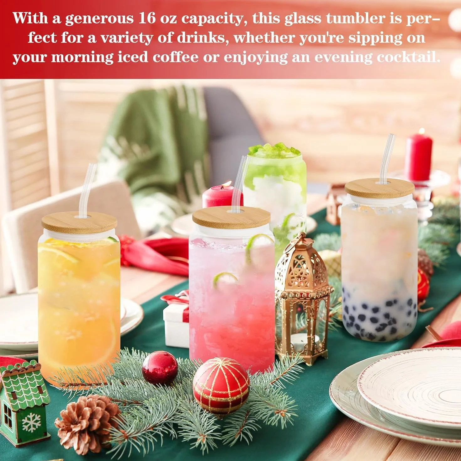 Szklanki do napojów z pokrywką i słomką, szklanki do kawy mrożonej 500 ml, estetyczne szklanki ze słomką, szklane kubki do smoothie, latte, macchiato, whisky (6 szt.)