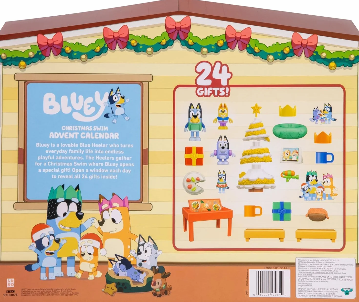 Bluey Świąteczny kalendarz adwentowy do pływania, ten bardzo świąteczny pakiet niespodzianek Bluey zawiera 24 niespodzianki za 24 różnymi oknami, zawiera 3 świąteczne figurki do pływania, 18