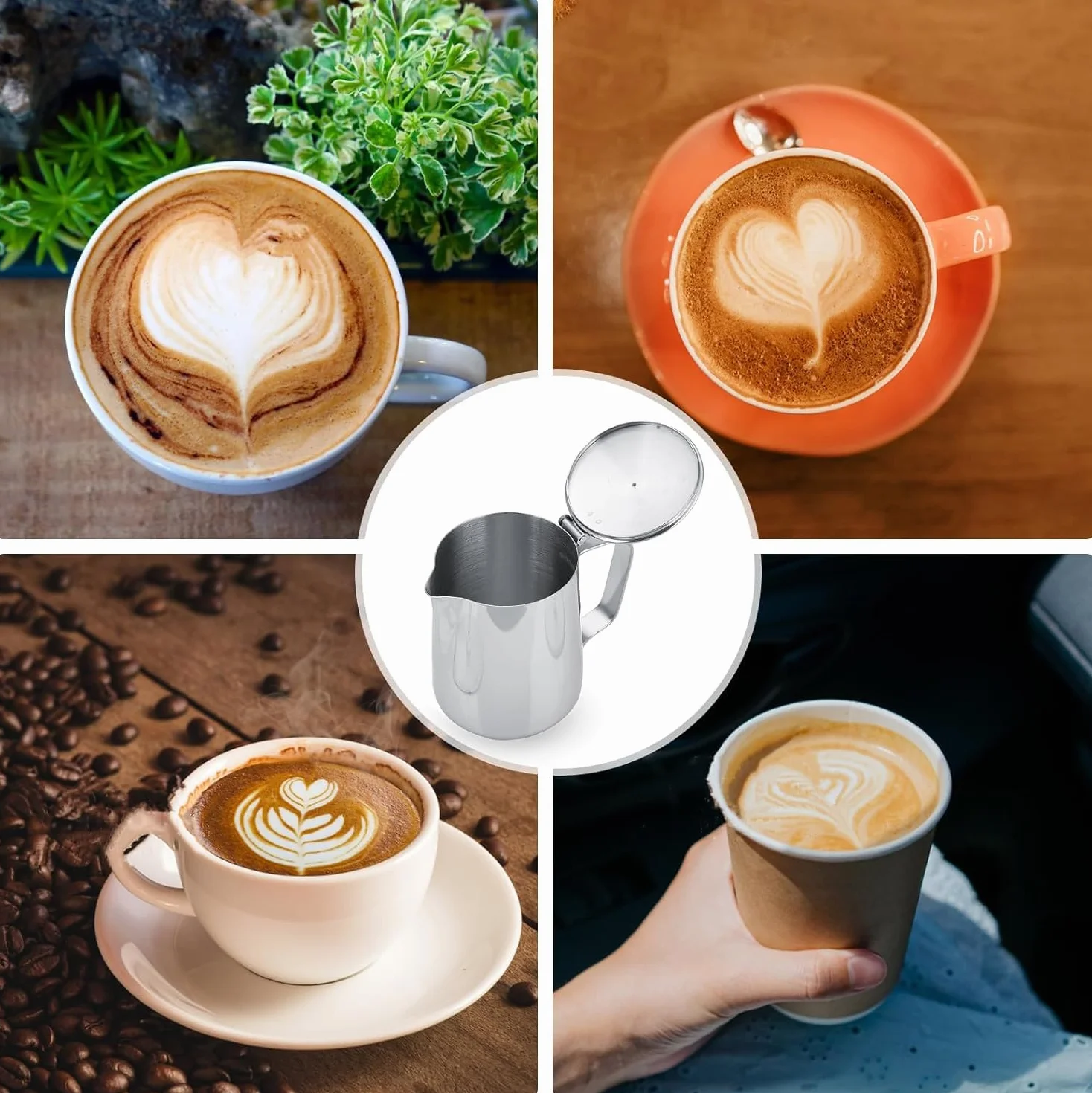 Kubek ze stali nierdzewnej z pokrywką, bez dyszy kapiącej, kubek do kawy, kubek na mleko do kawiarni Latte Art i każdego innego miejsca (rozmiar: 350 ml)
