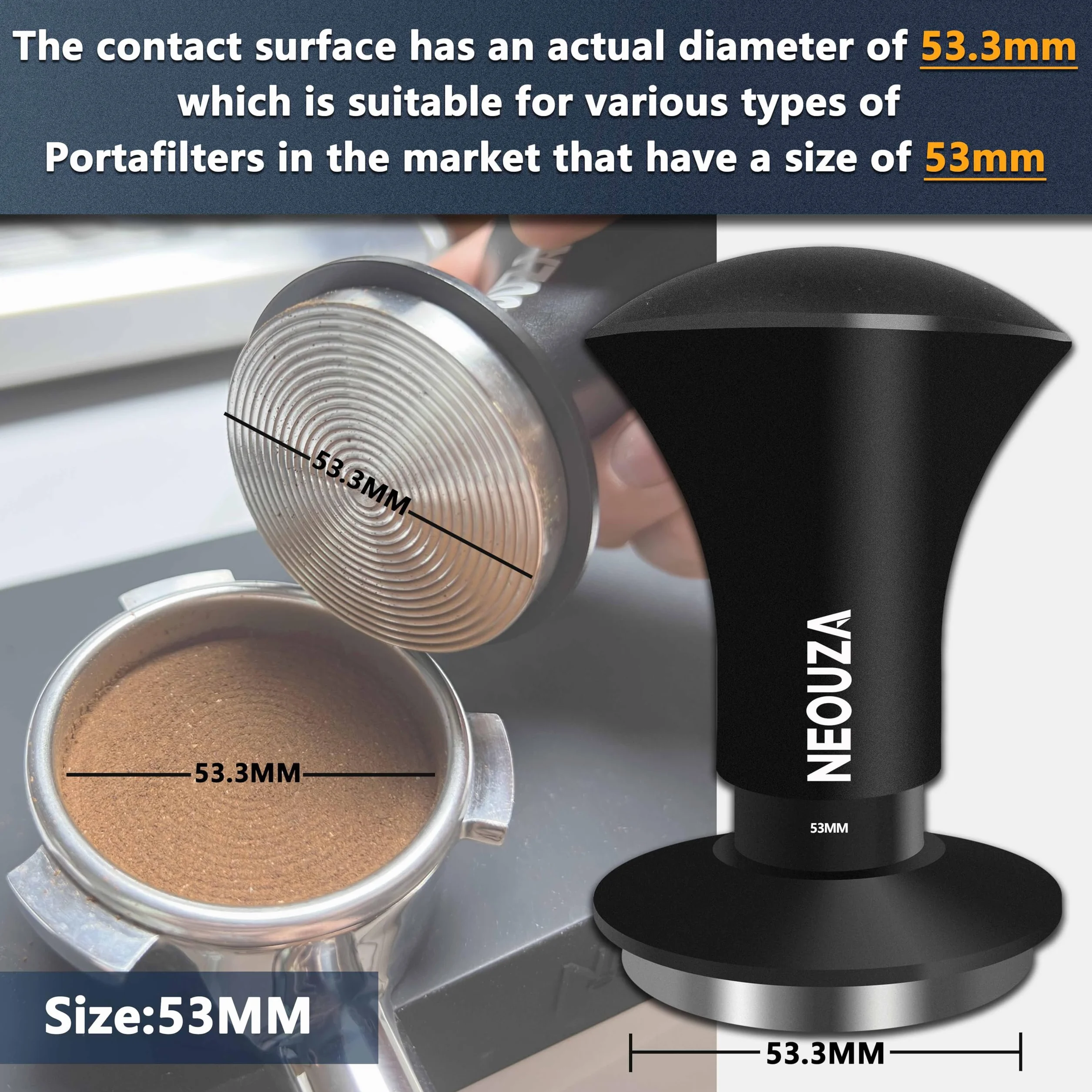 NEOUZA Tamper do espresso V2 podwójnie kalibrowany sprężynowy 53,3 mm stal nierdzewna