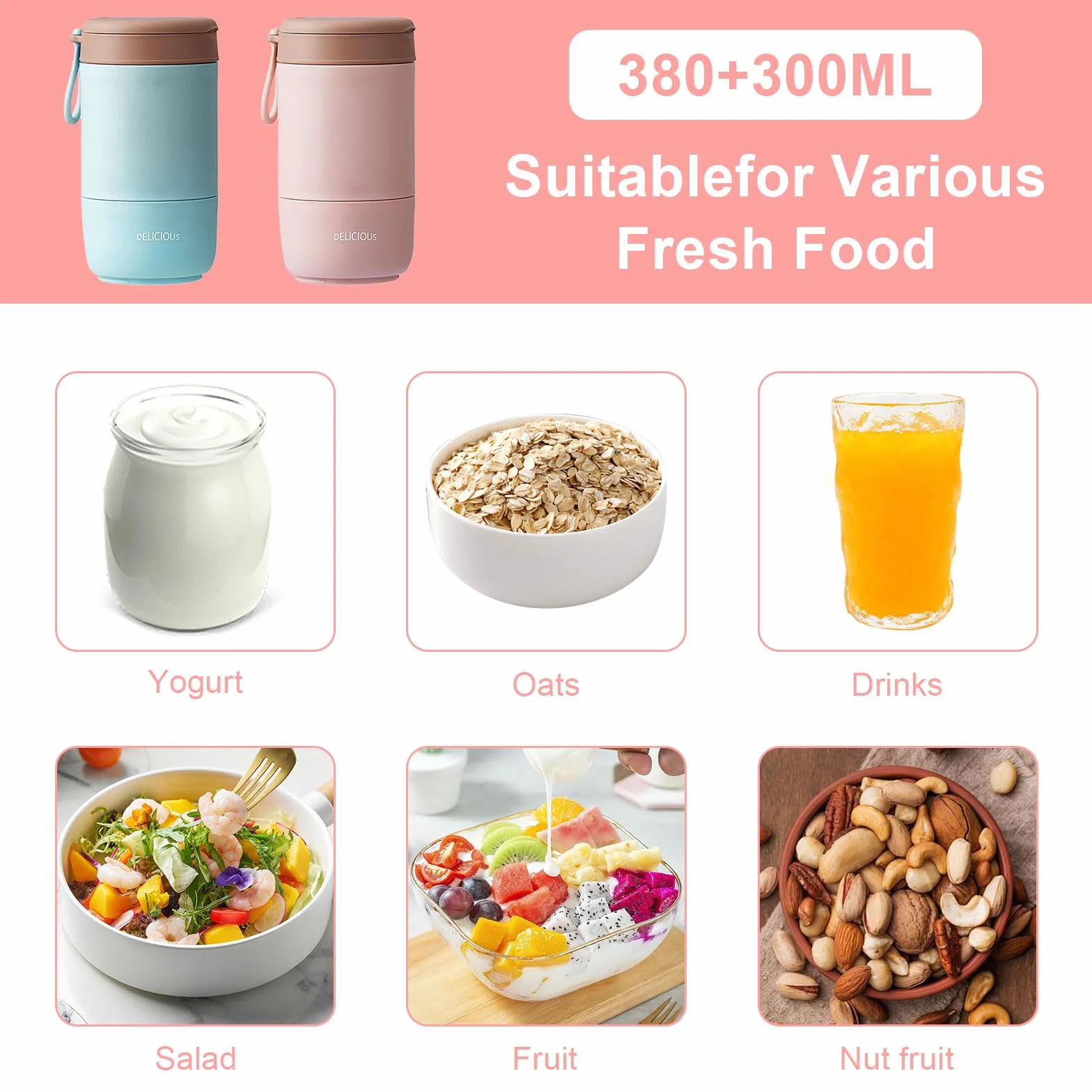 2 kubki na musli to go z pokrywką, materiał PP, owsianka, kubek na jogurt, z łyżeczką, 780 ml, kubek na musli na wynos, dwuwarstwowe, szczelne, idealne do pracy, szkoły