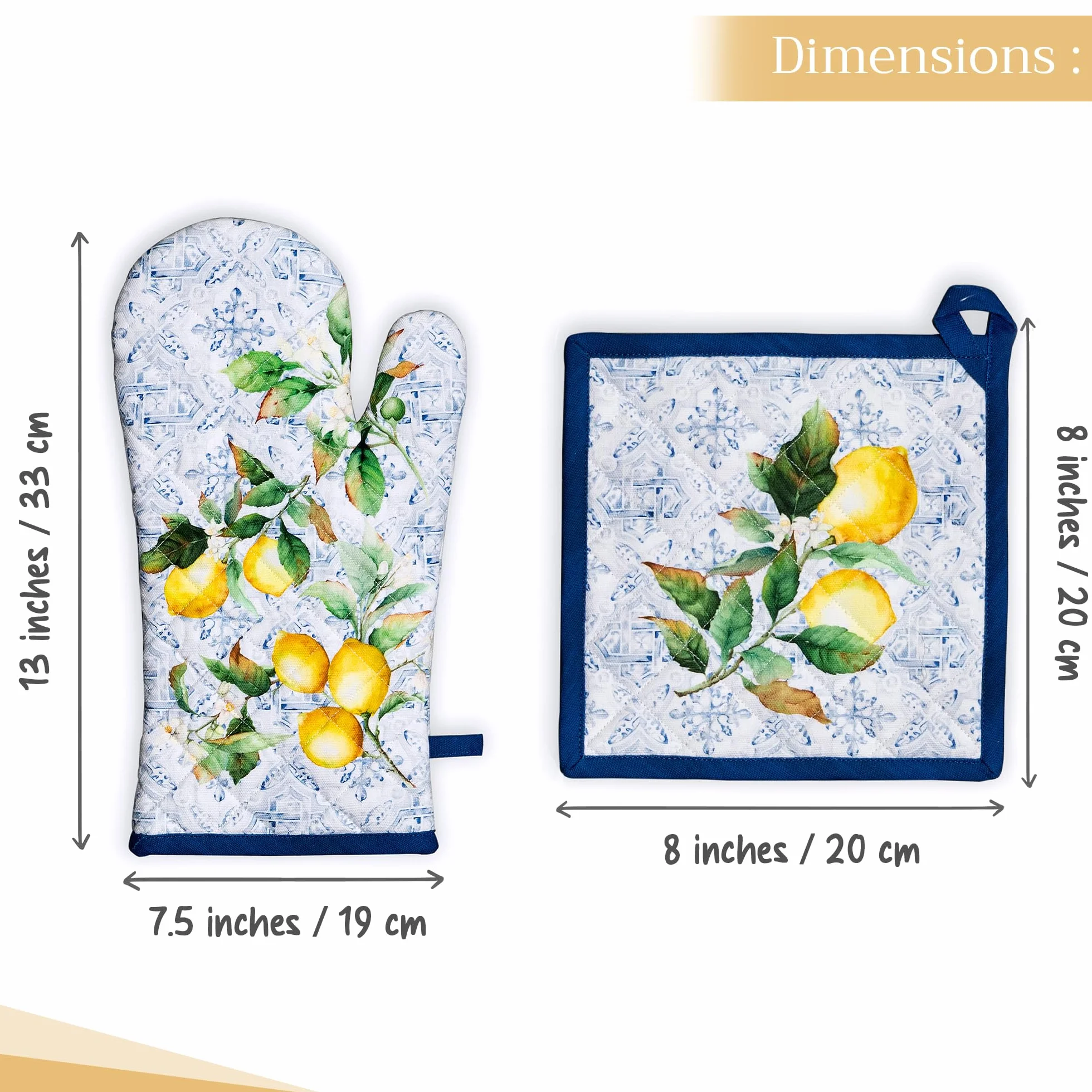 Maison d' Hermine Rękawica kuchenna (19 cm x 33 cm) i łapka do garnków (20 cm x 20 cm) ze 100% bawełny, odporne na wysokie temperatury, połączenie do grillowania, gotowania, na wesele oraz cytrusy –