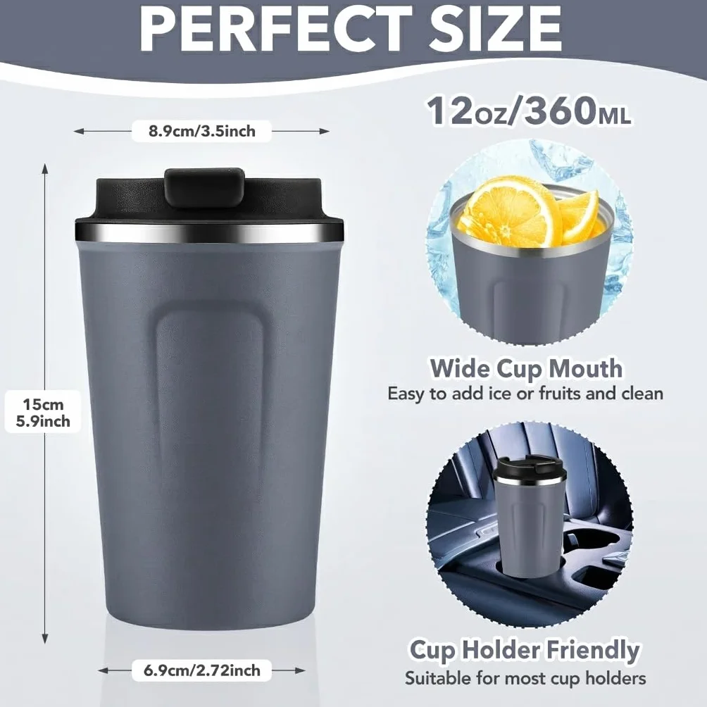 Volhoply 340 ml 350 ml izolowany próżniowy kubek do kawy z podwójną ścianką z klapką wielokrotnego użytku, szczelny kubek do kawy ze stali nierdzewnej, kubek termiczny do mrożonej kawiarni, odpowiedni