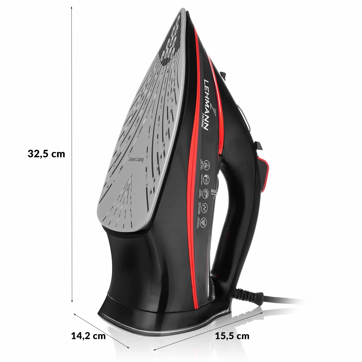 Żelazko parowe, ceramiczna, 3000 W Lehmann, funkcja Calc-Clean, 9 w 1, wysoka wydajność pary, niewielka waga, uderzenia pary, ceramiczne podeszwy do prasowania, samoczyszczenie i rozpylacz