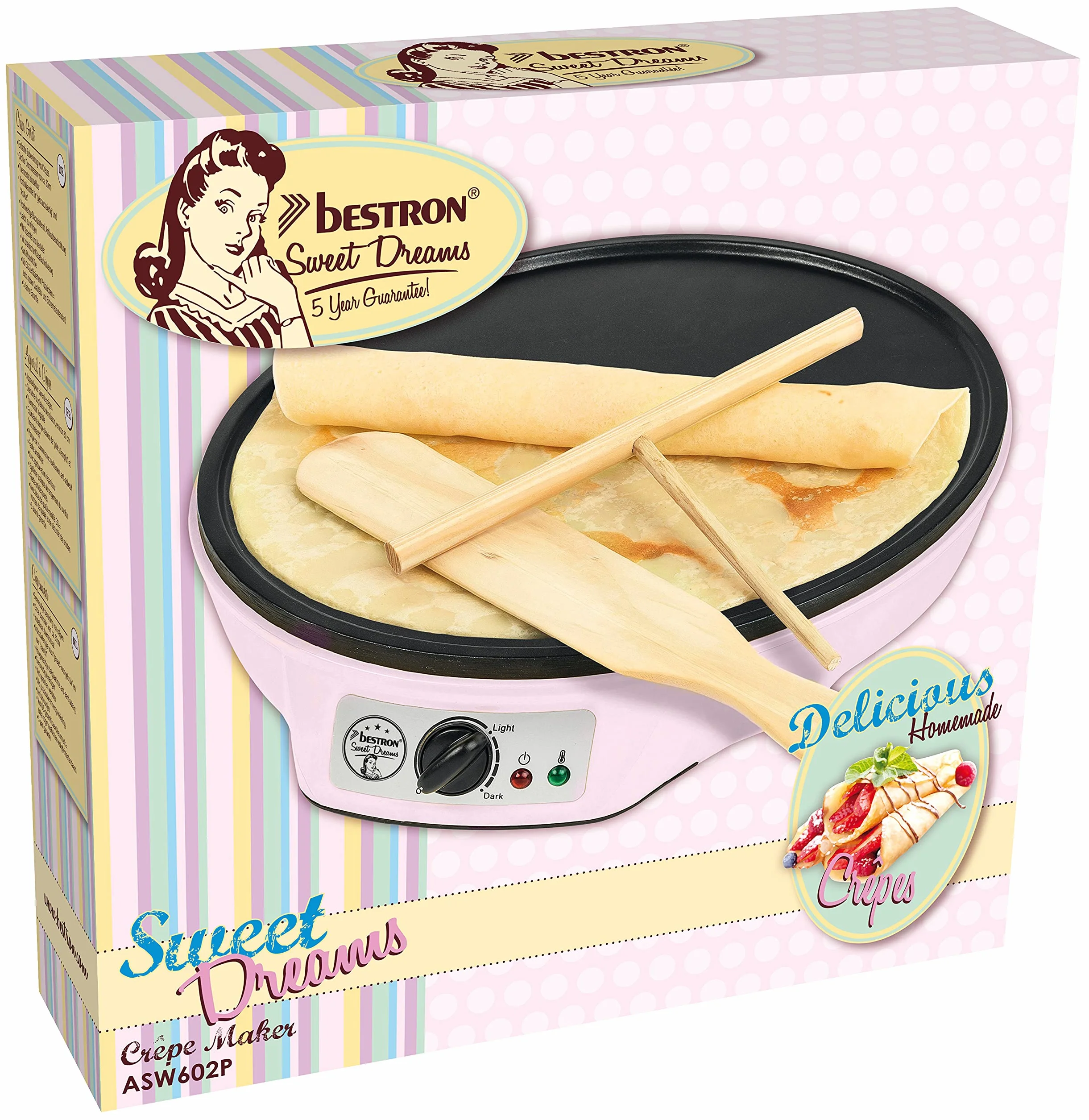 Bestron Crepes Maker, Urządzenie do robienia naleśników o średnicy 30 cm, w komplecie Rozdzielacz do ciasta i łopatka do przewracania naleśników, z powłoką nieprzywierającą, Kolor: Różowy
