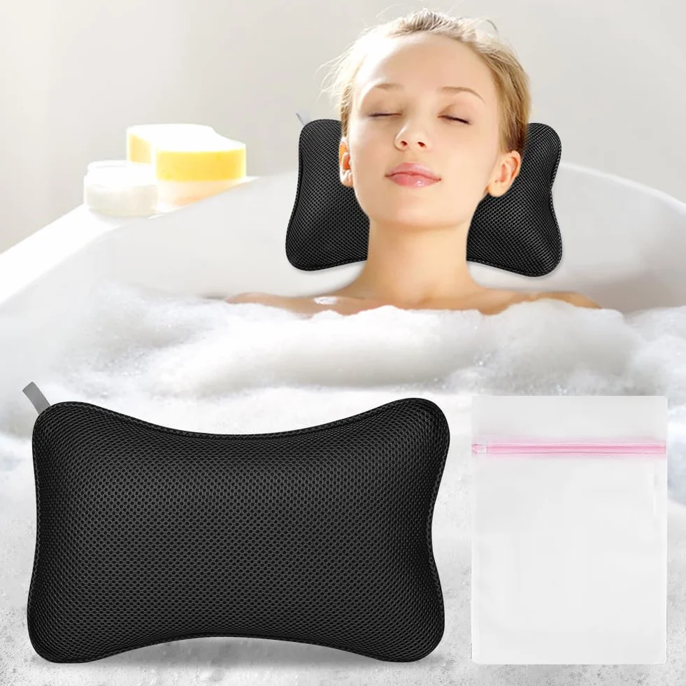 Flintronic Poduszka łazienkowa ergonomiczna oddychająca z siatki do wanny na głowę szyję ramiona plecy czarna