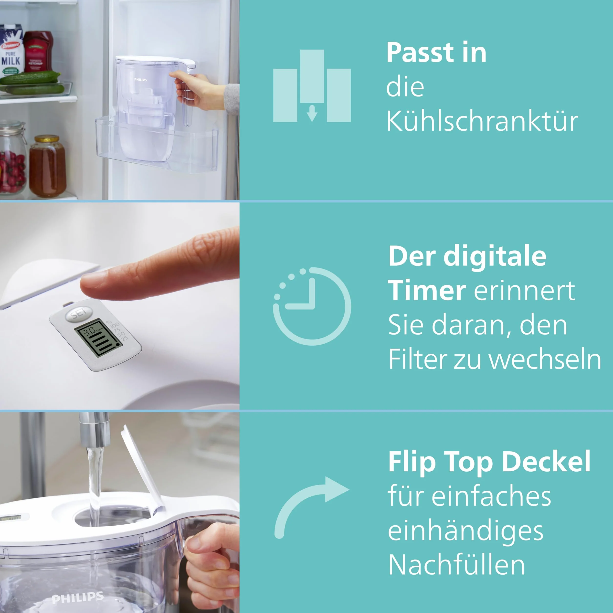 Philips dzbanek filtrujący do wody + 4 wymienne wkłady filtrujące, do 50% redukcji twardości wody, szybki przepływ, biały, 2,6 l, elektroniczny timer