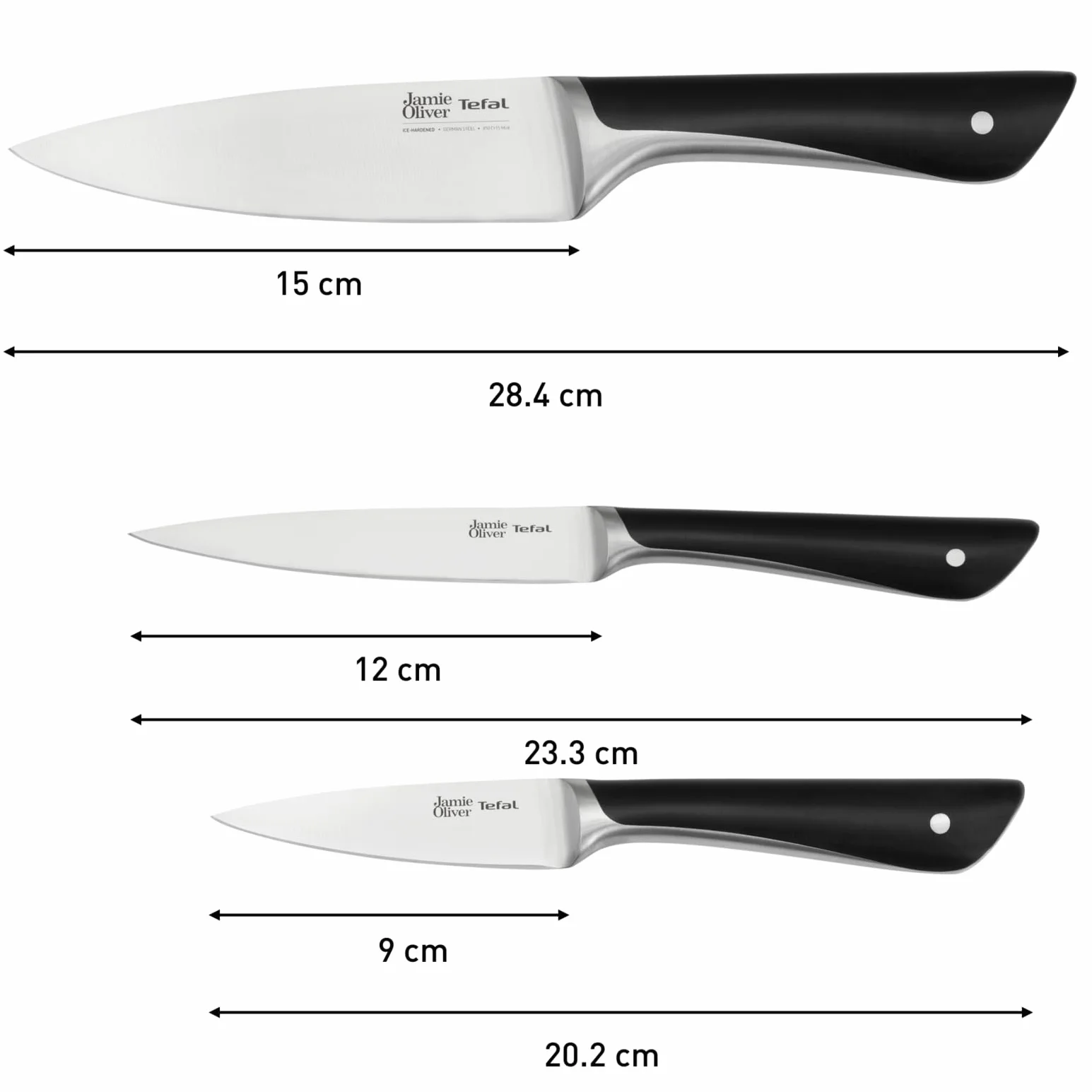 TEFAL K267S3 Jamie Oliver 3-częściowy zestaw noży | nóż szefa kuchni | nóż uniwersalny | wysoka wydajność cięcia | niepowtarzalny design | wytrzymałe ostrza | stal nierdzewna/czarna