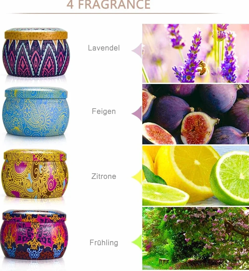 Zestaw prezentowy ze świecami dla kobiet, w zestawie 4 x 160 g, z woskiem sojowym w puszkach z pokrywką, dekoracyjna świeca, długi czas palenia 120 h, na Dzień Matki, urodziny, walentynki, wesele