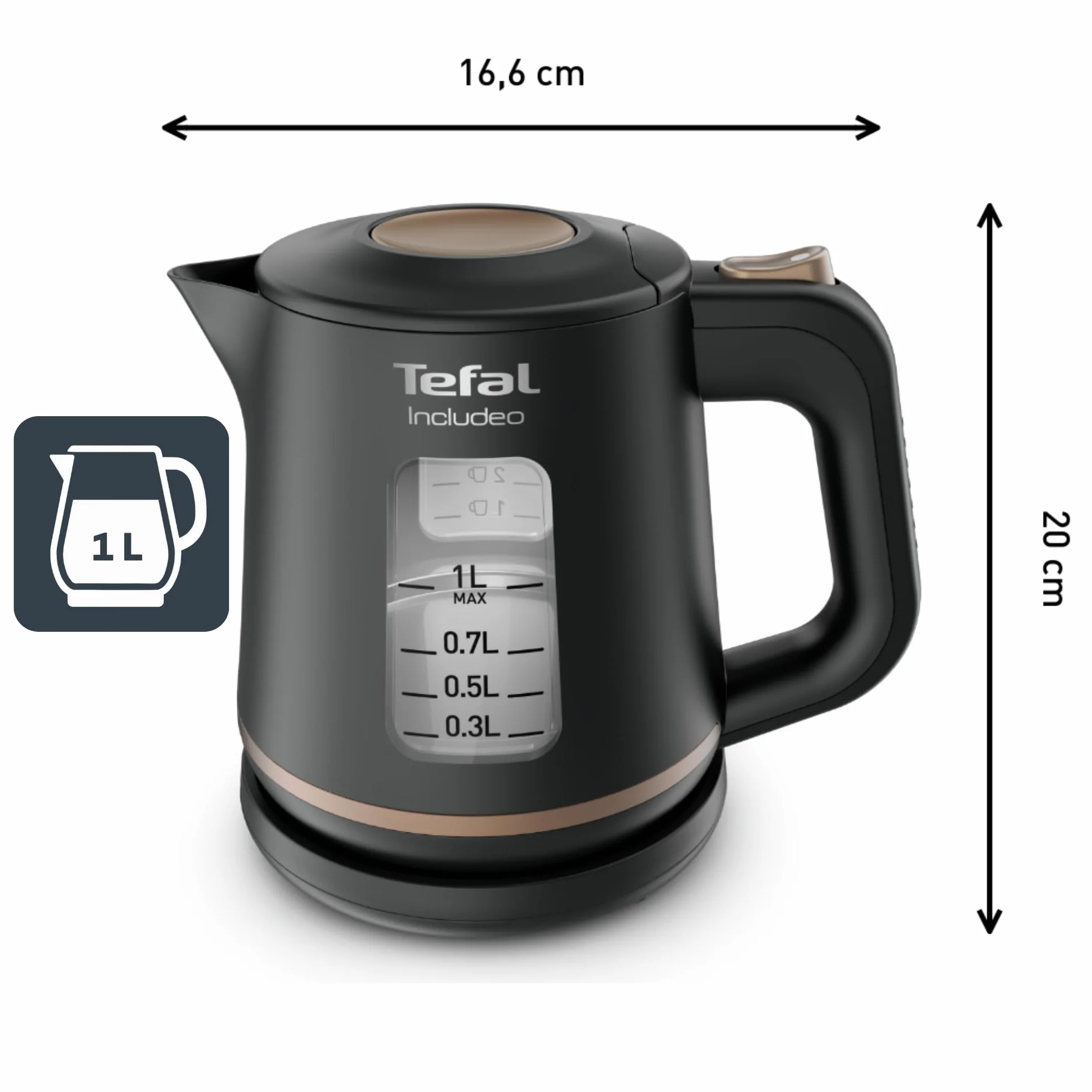 TEFAL KI533811 INCLUDEO czajnik elektryczny, duża moc 2400 W, czujnik niskiego poziomu wody, 1 L, Czarny