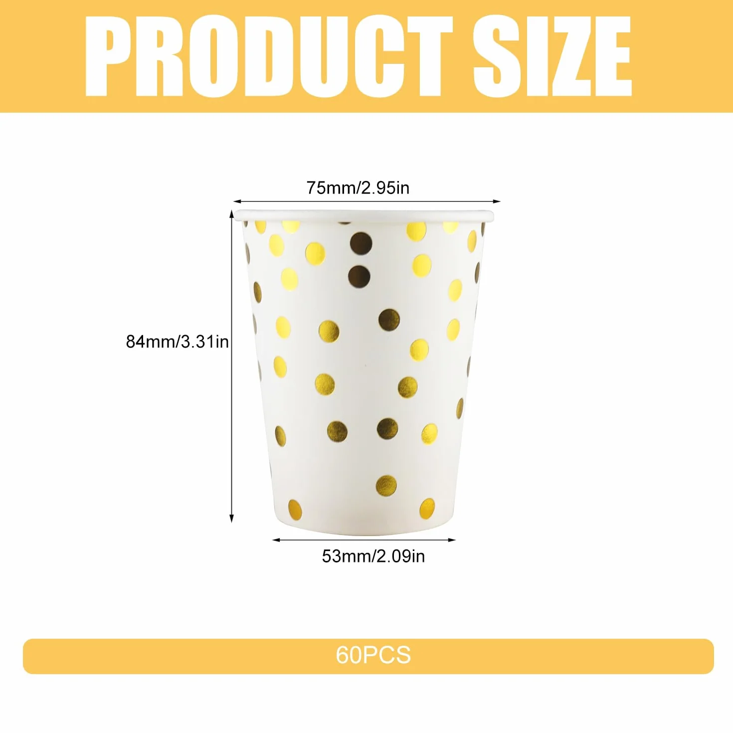 Papierowe kubki jednorazowe, ze złotymi kropkami, kubki na imprezę, 250 ml, na imprezę, Boże Narodzenie, przyjęcie dla dzieci, wesele, 60 sztuk (B)