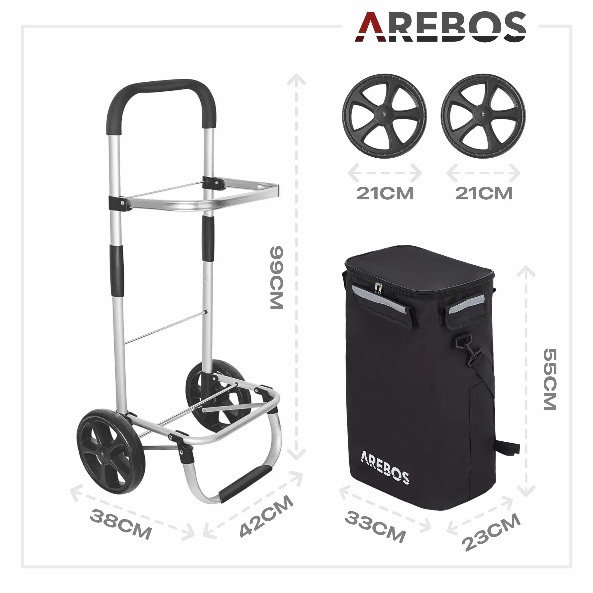 Arebos Wózek na zakupy 3w1 | wózek duży 56 litrów | z komorą chłodzącą | torba na zakupy na kółkach | składany shopper | składana torba odczepiana | wózek ręczny | czarny