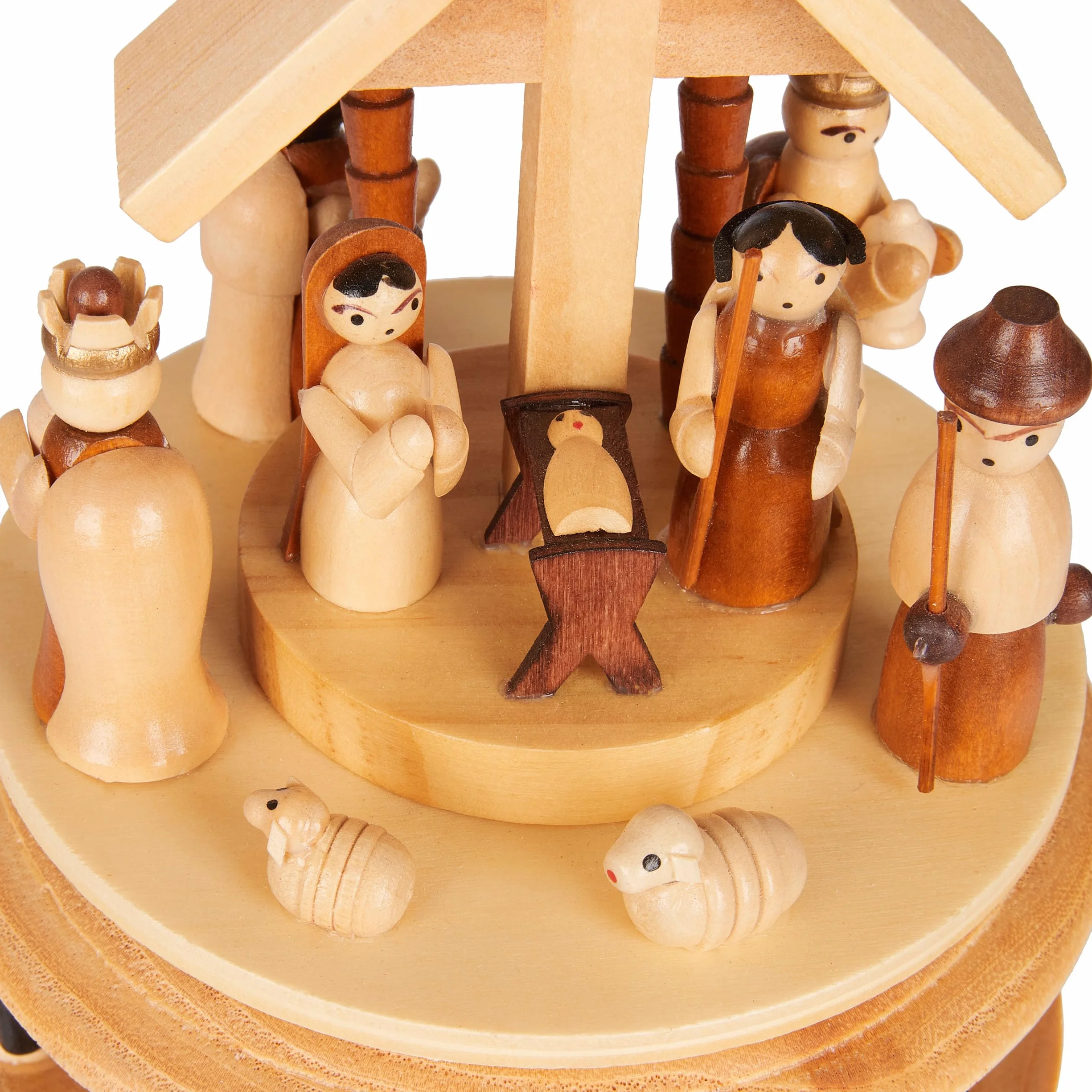 BRUBAKER Pozytywka z Drewna - Łóżeczko z Jezusem, Maryją i Józefem - Melodia: Cicha Noc - Pozytywka 19 cm Boże Narodzenie - Karuzela z Gwiazdą Betlejemską i Kolędnikami - Brązowy Naturalny