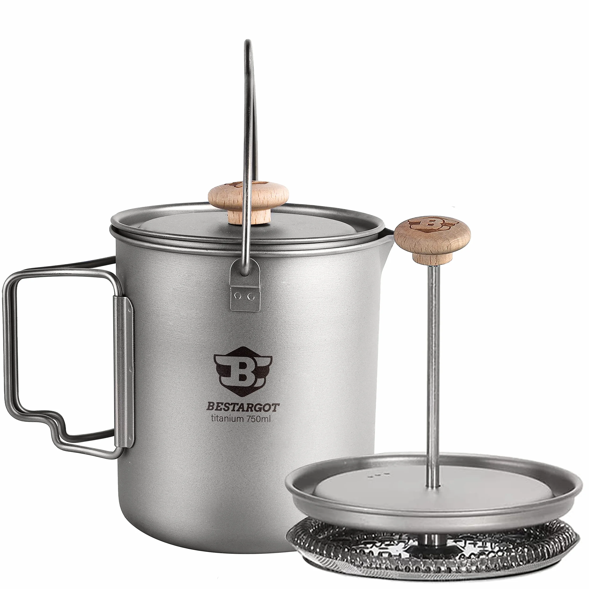 Bestargot Kemping French Press Ekspres do kawy z tłokiem 750 ml, tytanowy ekspres do kawy kempingowej do kawy lub herbaty, ultralekki kubek popote Bivouac, lekki i przenośny 188g