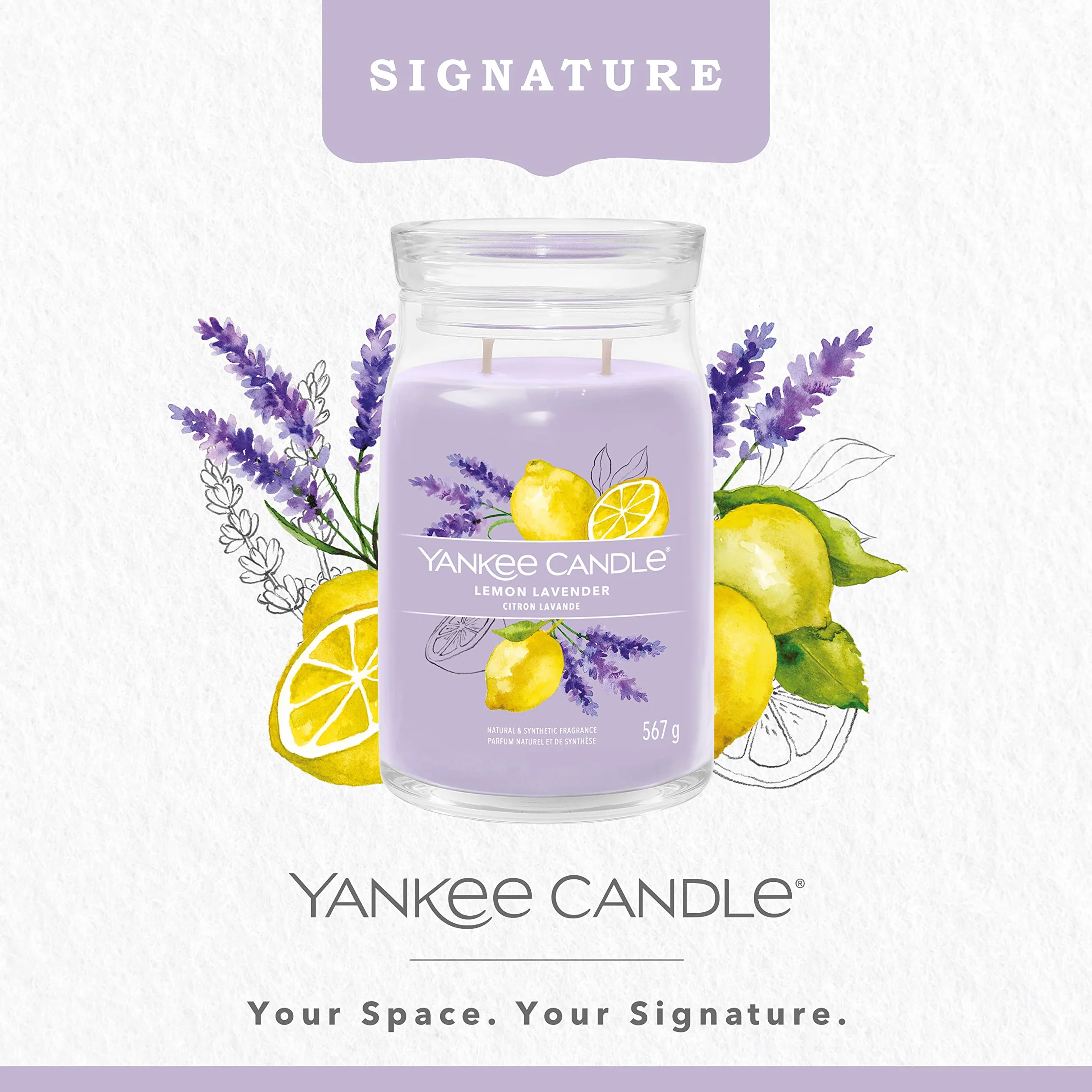 Yankee Candle Podpis świeca zapachowa | Lemon Lavender Large Jar Candle z podwójnymi knotami | mieszanka wosku sojowego długo paląca się świeca