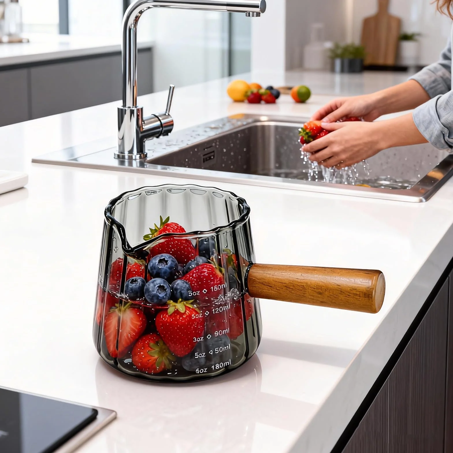 Kubek z miarką do espresso z drewnianym uchwytem, 180 ml / 170 ml szklany kubek pomiarowy z podwójną skalą i otworem w kształcie litery V do ekspresu do kawy