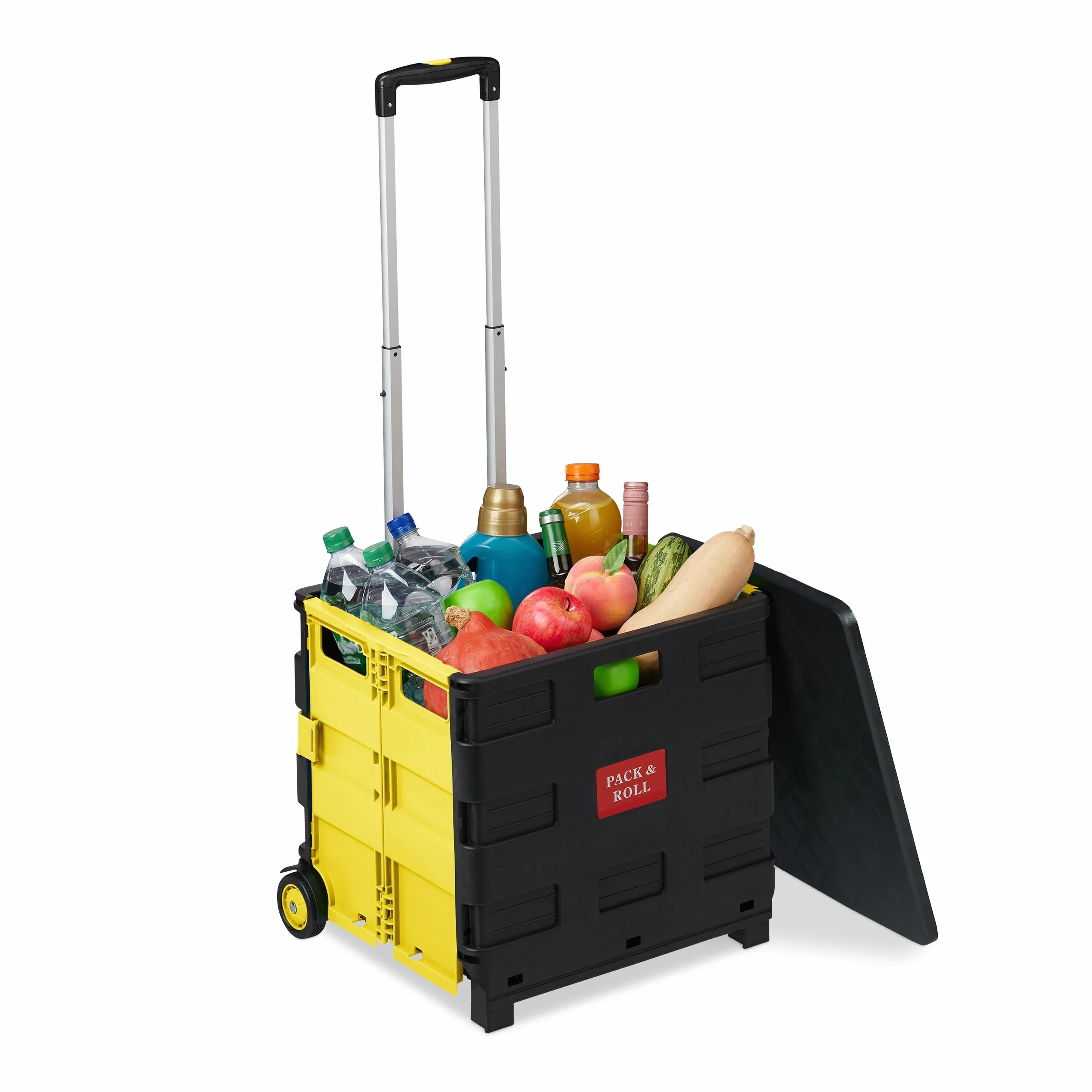 Relaxdays Wózek na zakupy składany, do 35 kg, skrzynia 50 l, z uchwytem teleskopowym, 2 kółka, wózek transportowy, żółty/czarny