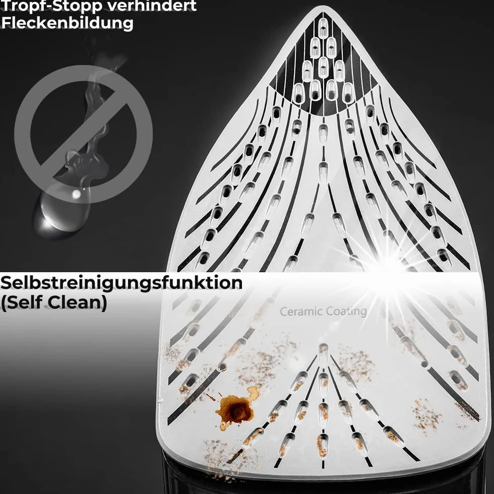 Żelazko parowe, ceramiczna, 3000 W Lehmann, funkcja Calc-Clean, 9 w 1, wysoka wydajność pary, niewielka waga, uderzenia pary, ceramiczne podeszwy do prasowania, samoczyszczenie i rozpylacz