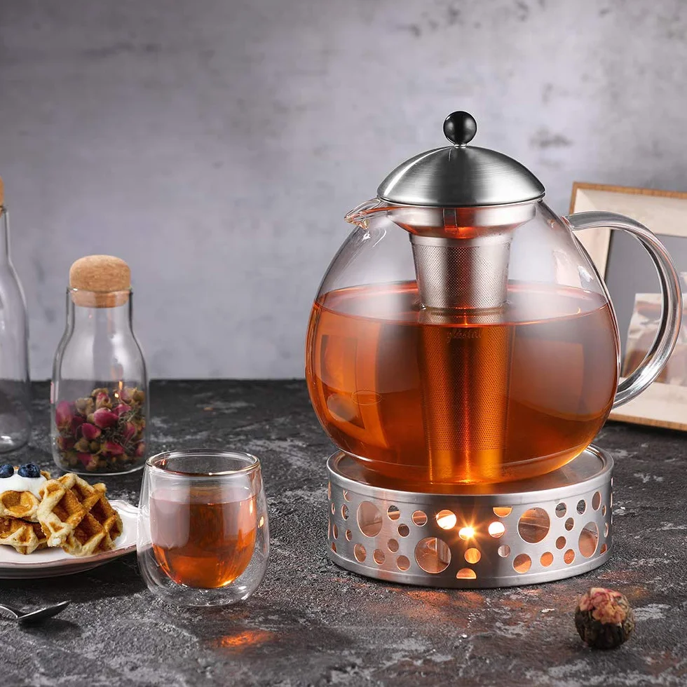 glastal Szklany dzbanek do herbaty o pojemności 2000 ml, z sitkiem ze stali nierdzewnej 18/8, srebrne elementy, dzbanek ze szkła borokrzemowego z wyjmowanym sitkiem do herbaty
