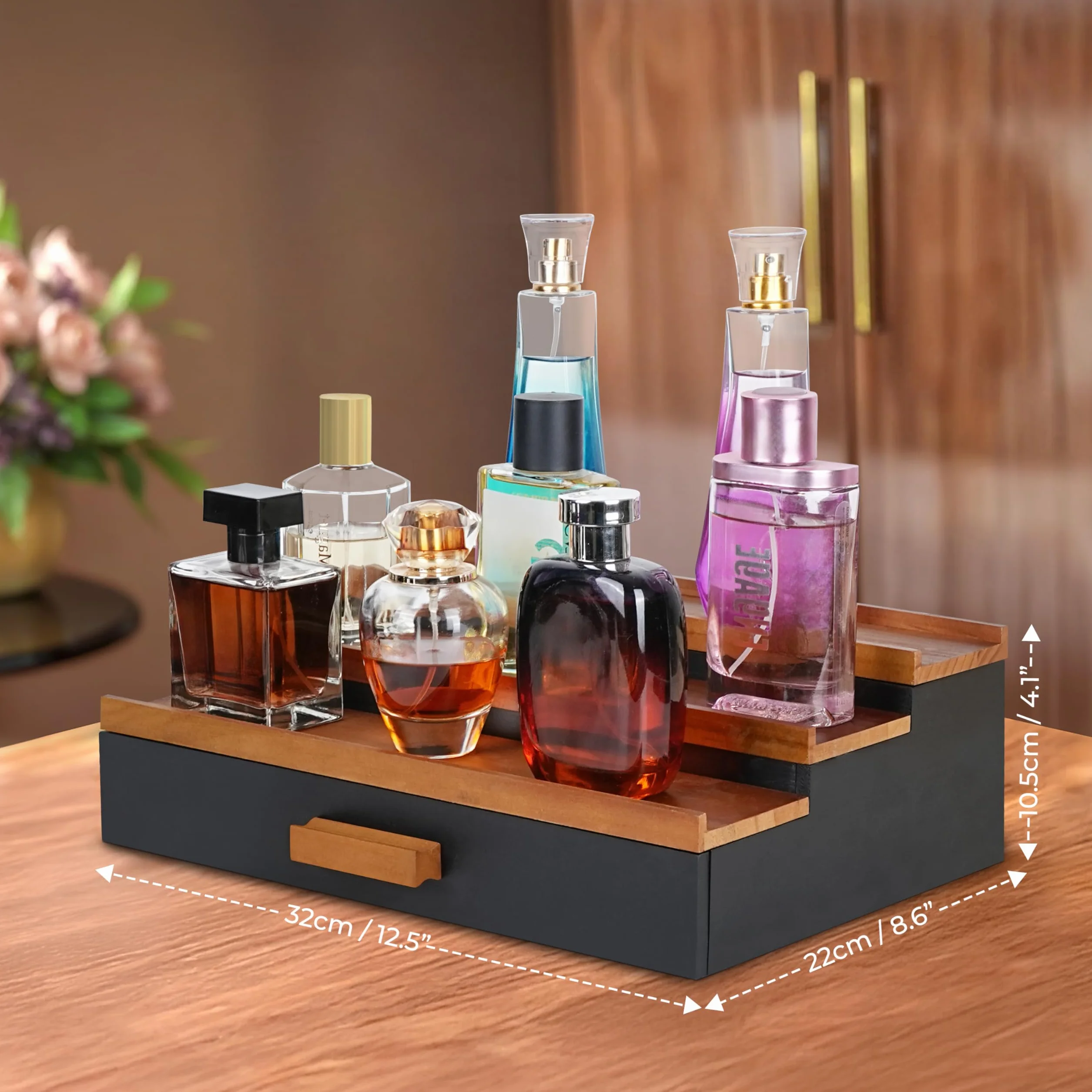 Winter Shore Drewniana półka ekspozycyjna z szufladą stojak na perfumy 3-poziomowy organizer