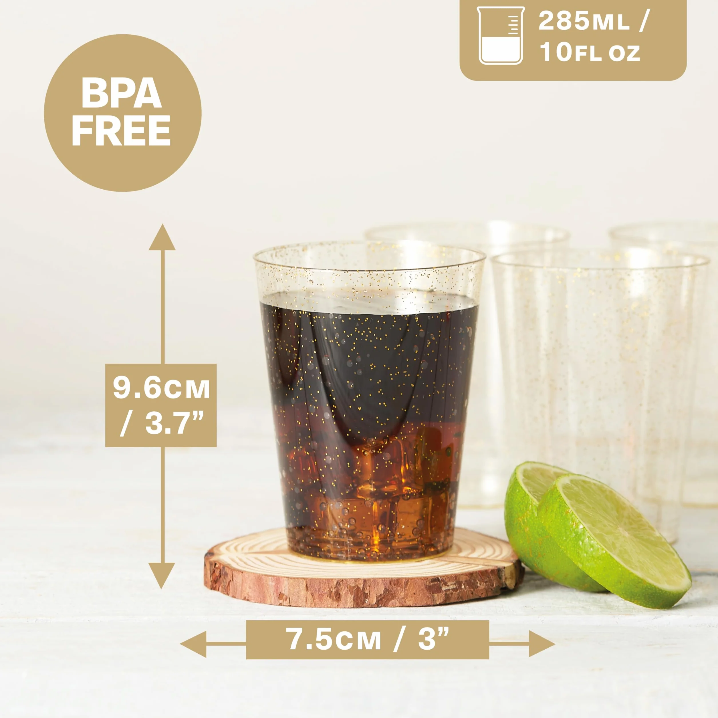 MATANA 150 przezroczystych kubków z twardego plastiku, złoty brokat (285 ml / 10 oz), stylowe kieliszki wielokrotnego użytku na urodziny, wesela, Boże Narodzenie, grille, imprezy