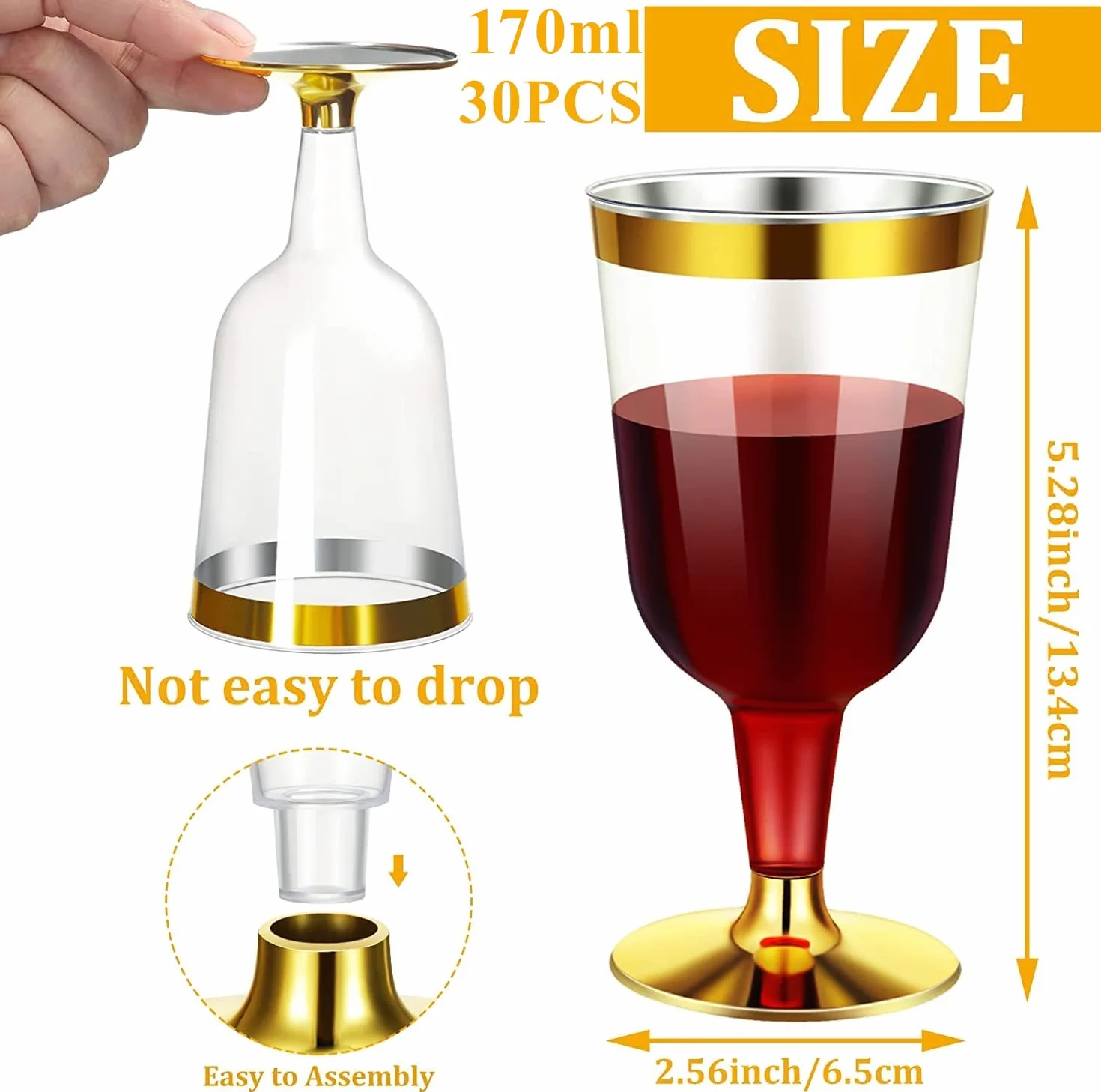 LATERN Plastikowe kieliszki do wina, 170 ml, złote kieliszki do degustacji wina, wielokrotnego użytku, na imprezę, do napojów, whisky, szampana, piwa, koktajli, martini, 13,4 x 6,5 cm