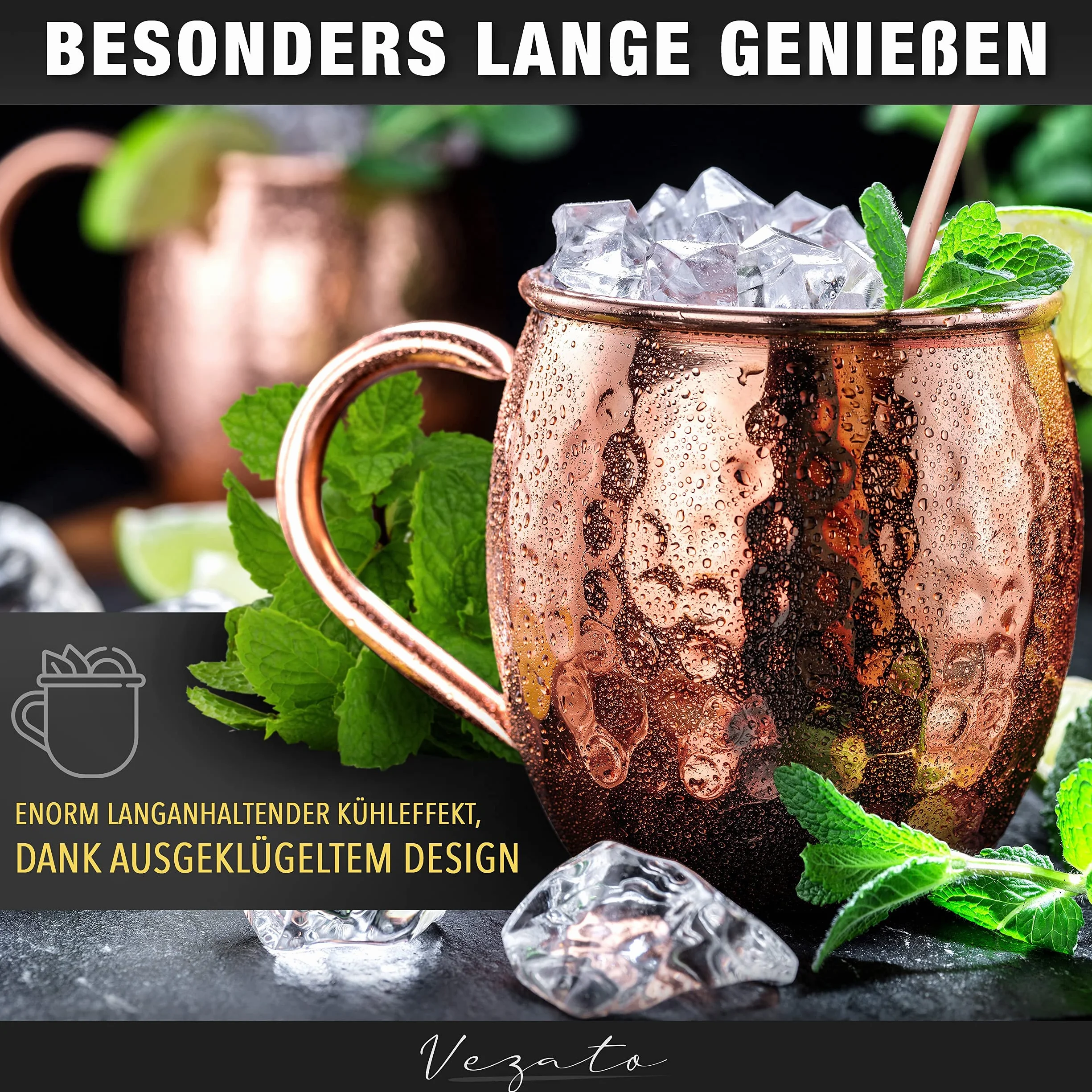 Vezato Kubek do Moscow Mule, 500 ml, młotkowany kubek miedziany, ze słomkami, ręcznie wykonany, zestaw 4 sztuki, nierdzewny