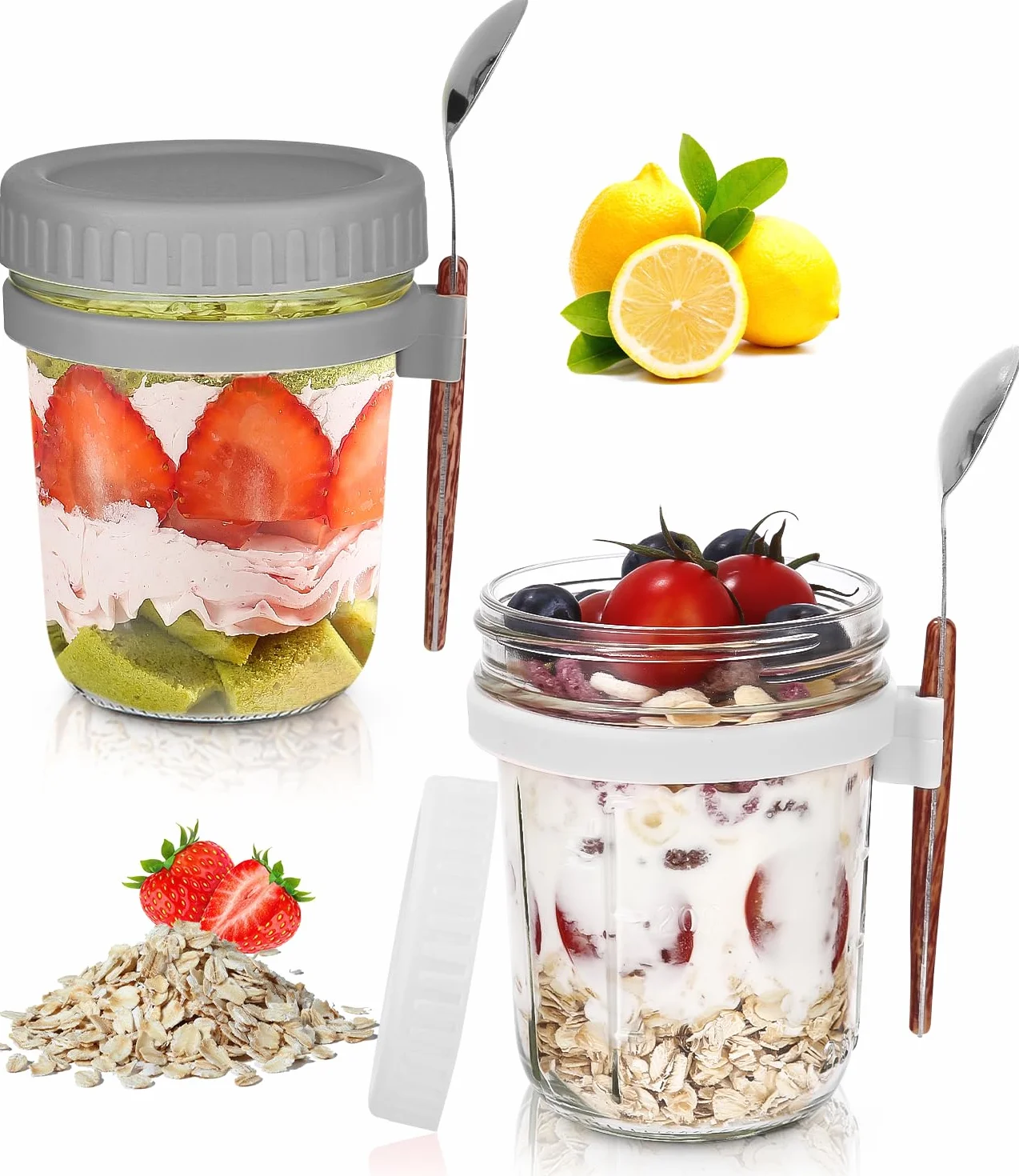 Overnight Oats 2 sztuki pojemników na owsiankę, szklanki do owsa, na nocleg, szklane kubki na musli na wynos dla dzieci z pokrywką i łyżeczką na jogurt, słoiki na przetwory jogurt to go, kubek